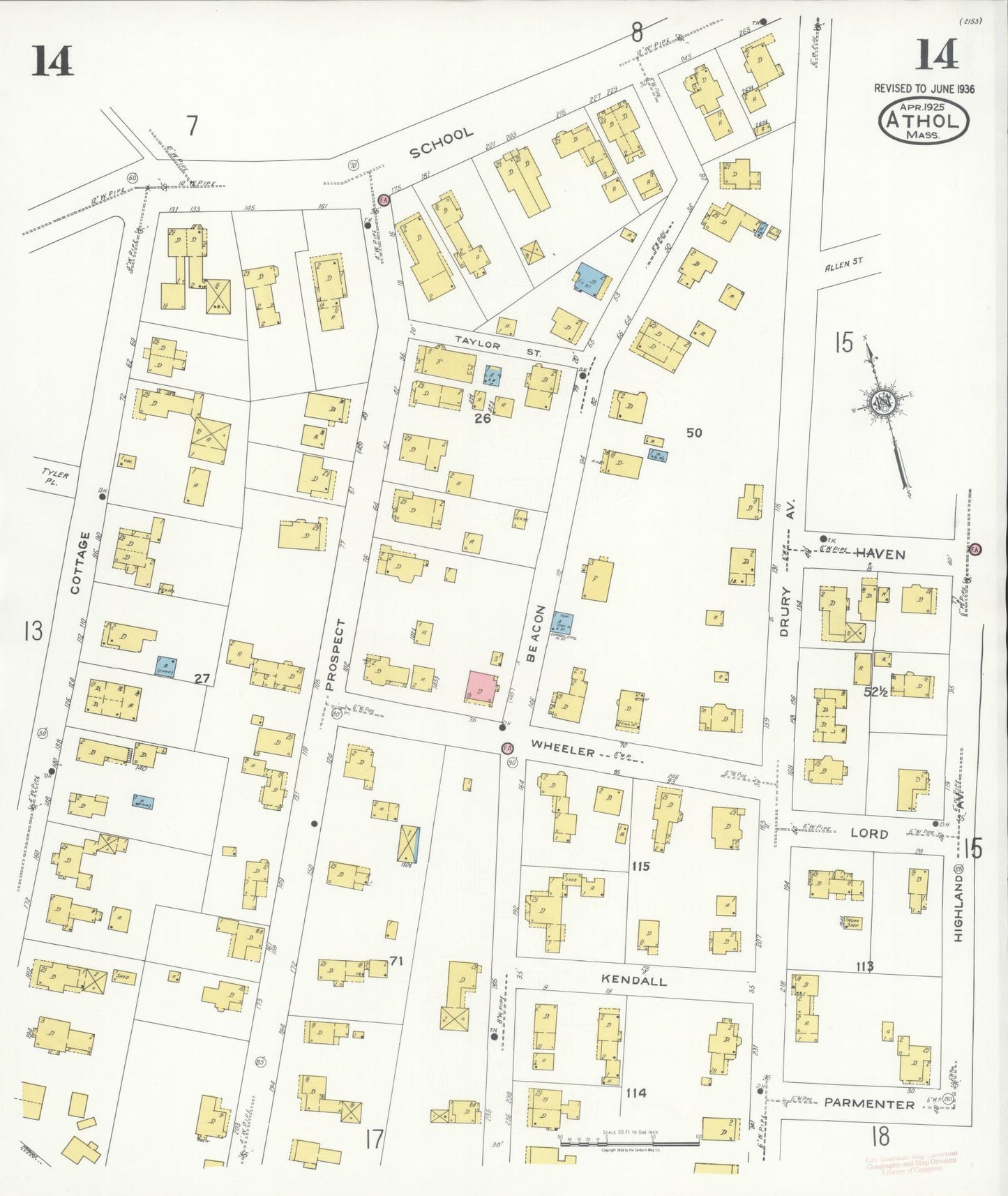 Sanborn Fire Insurance Map from Athol, Worcester County, Massachusetts (1936), Sheet #0014 - Historic Sanborn Fire Insurance Map Print, vintage old map wall art, antique decor, genealogy gift, Massachusetts Massachusetts map
