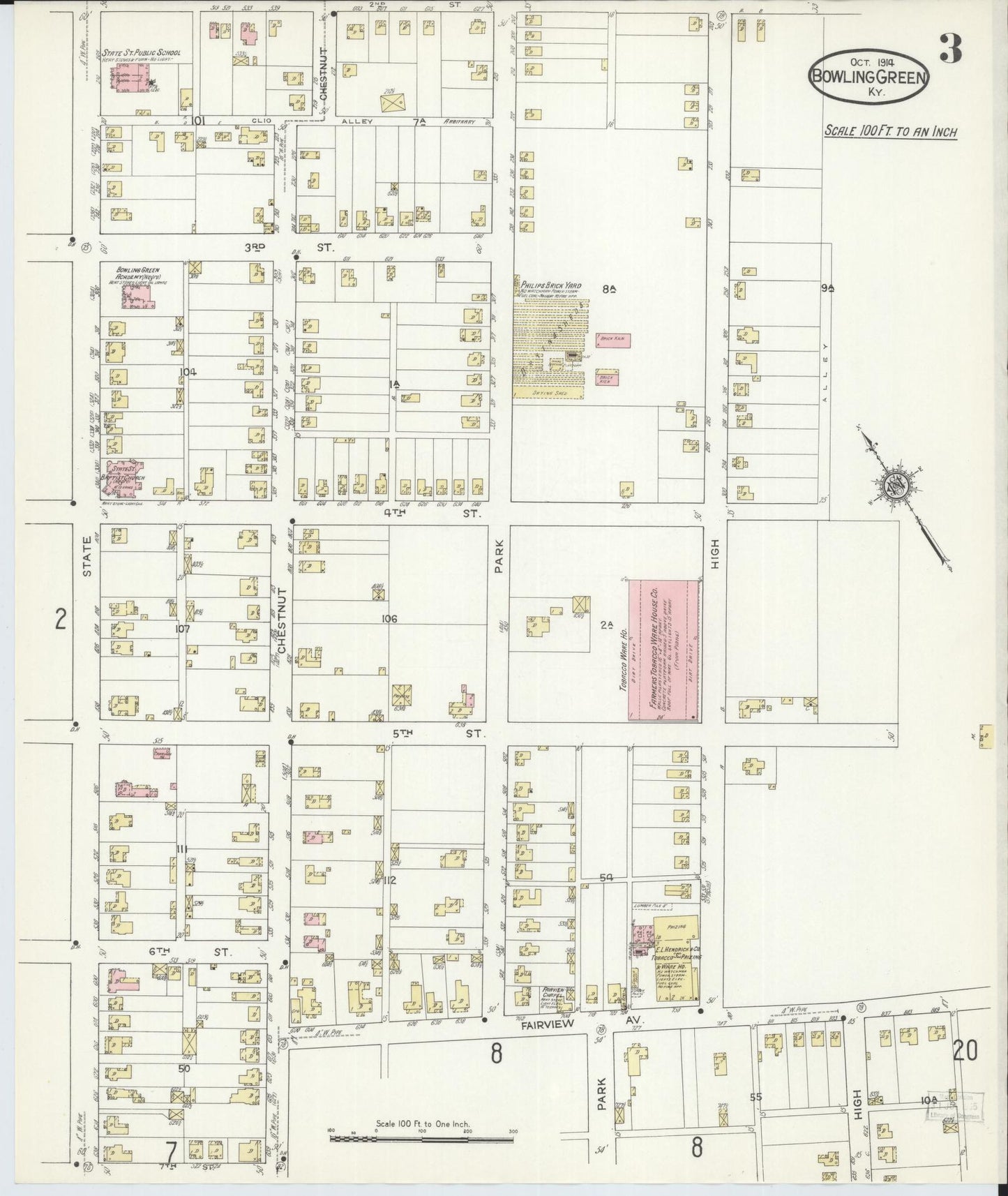 Sanborn Fire Insurance Map from Bowling Green, Warren County, Kentucky (1914), Sheet #0003 - Historic Sanborn Fire Insurance Map Print, vintage old map wall art, antique decor, genealogy gift, Kentucky Kentucky map