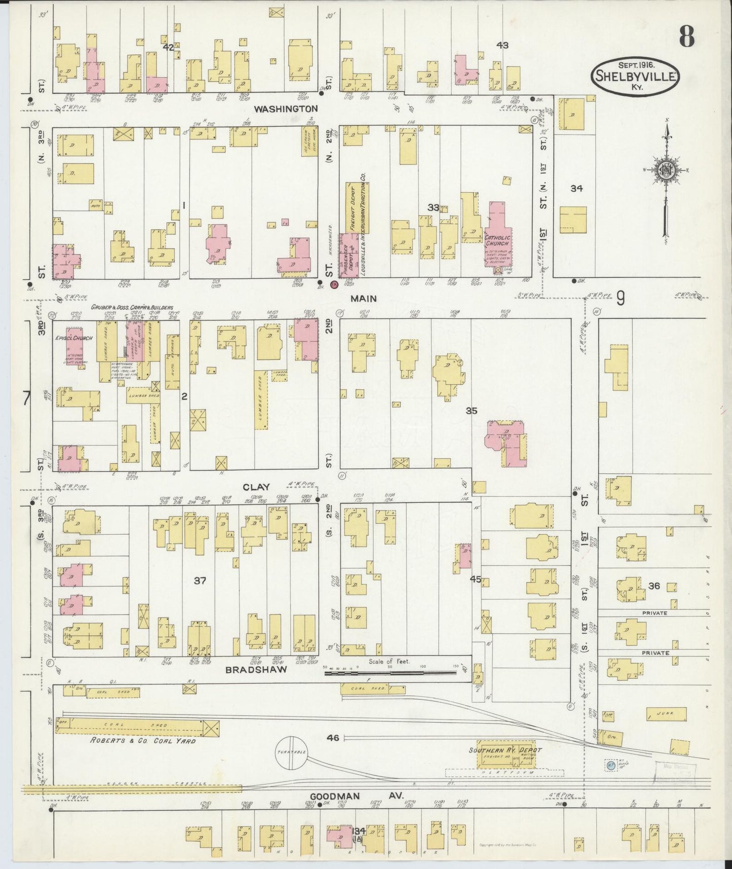 Sanborn Fire Insurance Map from Shelbyville, Shelby County, Kentucky (1916), Sheet #0008 - Historic Sanborn Fire Insurance Map Print, vintage old map wall art, antique decor, genealogy gift, Kentucky Kentucky map