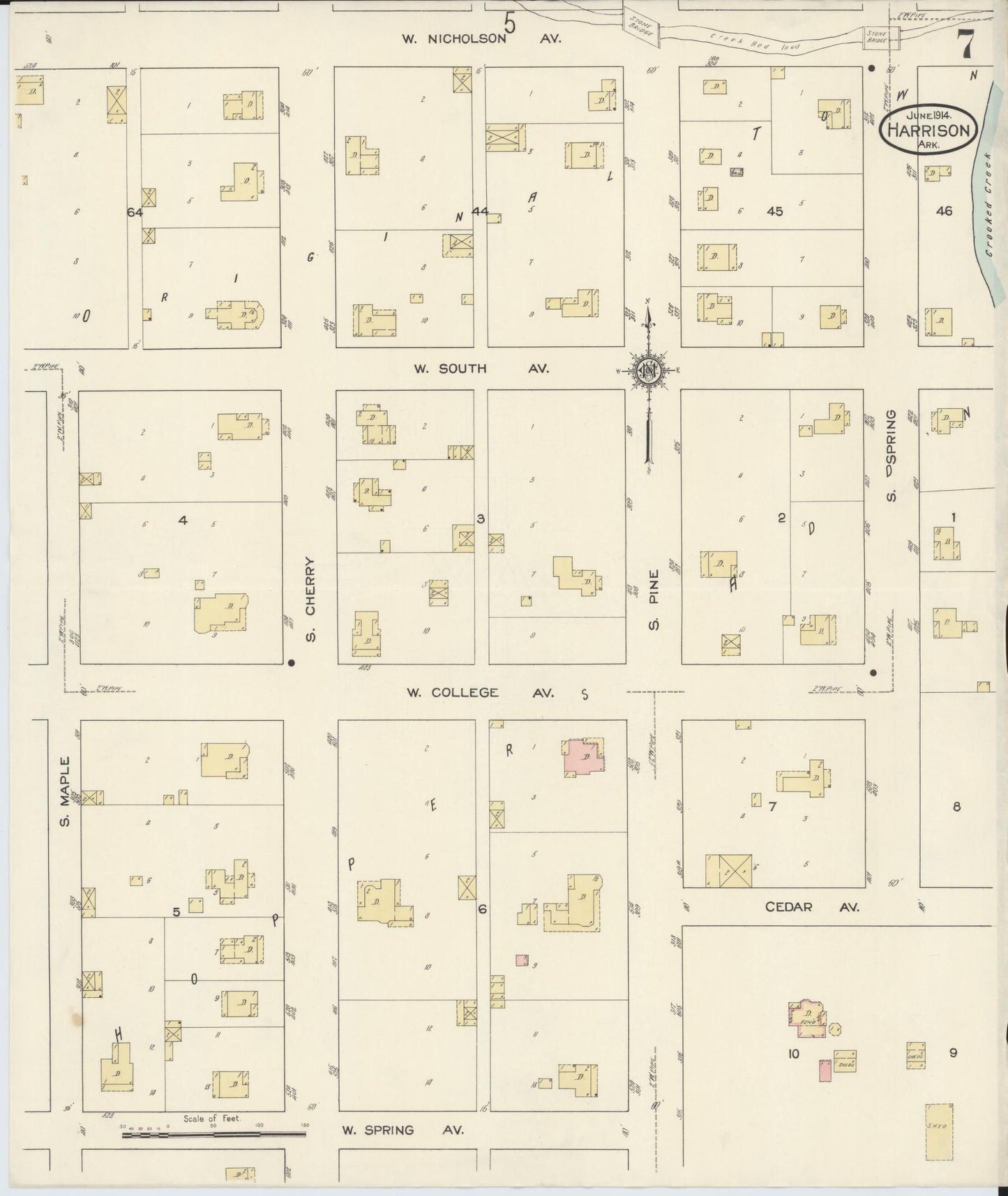 Sanborn Fire Insurance Map from Harrison, Boone County, Arkansas (1914), Sheet #0007 - Historic Sanborn Fire Insurance Map Print, vintage old map wall art, antique decor, genealogy gift, Arkansas Arkansas map