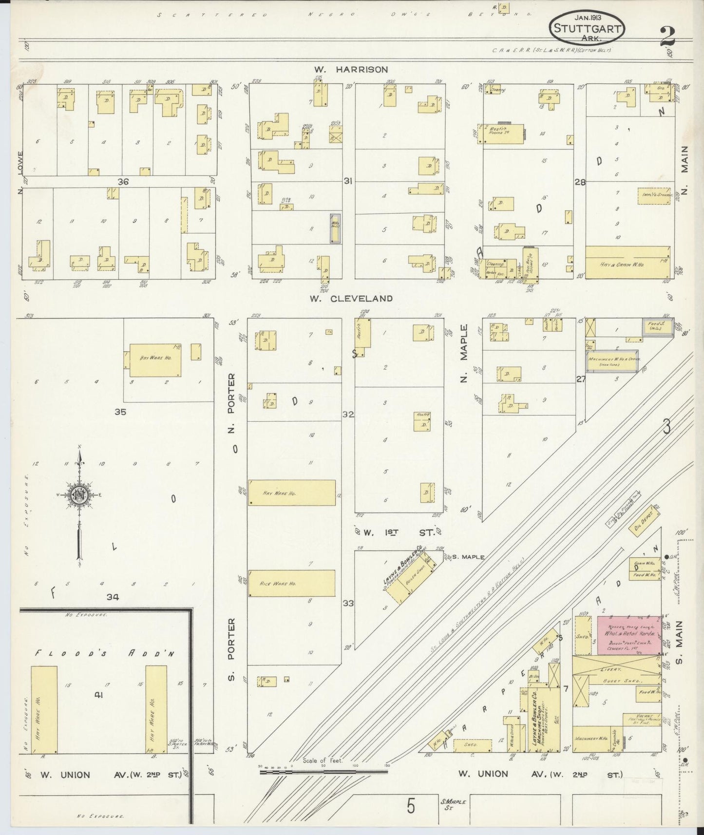 Sanborn Fire Insurance Map from Stuttgart, Arkansas County, Arkansas (1913), Sheet #0002 - Historic Sanborn Fire Insurance Map Print, vintage old map wall art, antique decor, genealogy gift, Stuttgart Arkansas map