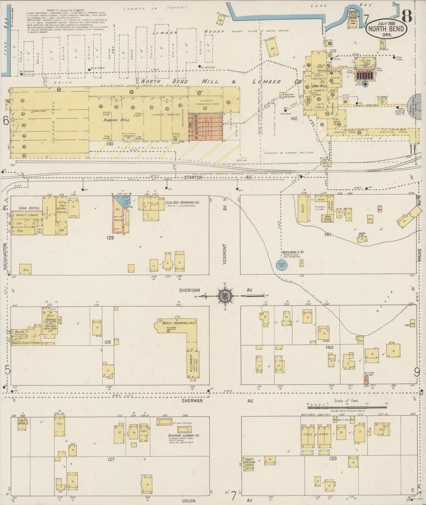 Sanborn Fire Insurance Map from North Bend, Coos County, Oregon (1920), Sheet #0008 - Historic Sanborn Fire Insurance Map Print, vintage old map wall art, antique decor, genealogy gift, Oregon Oregon map