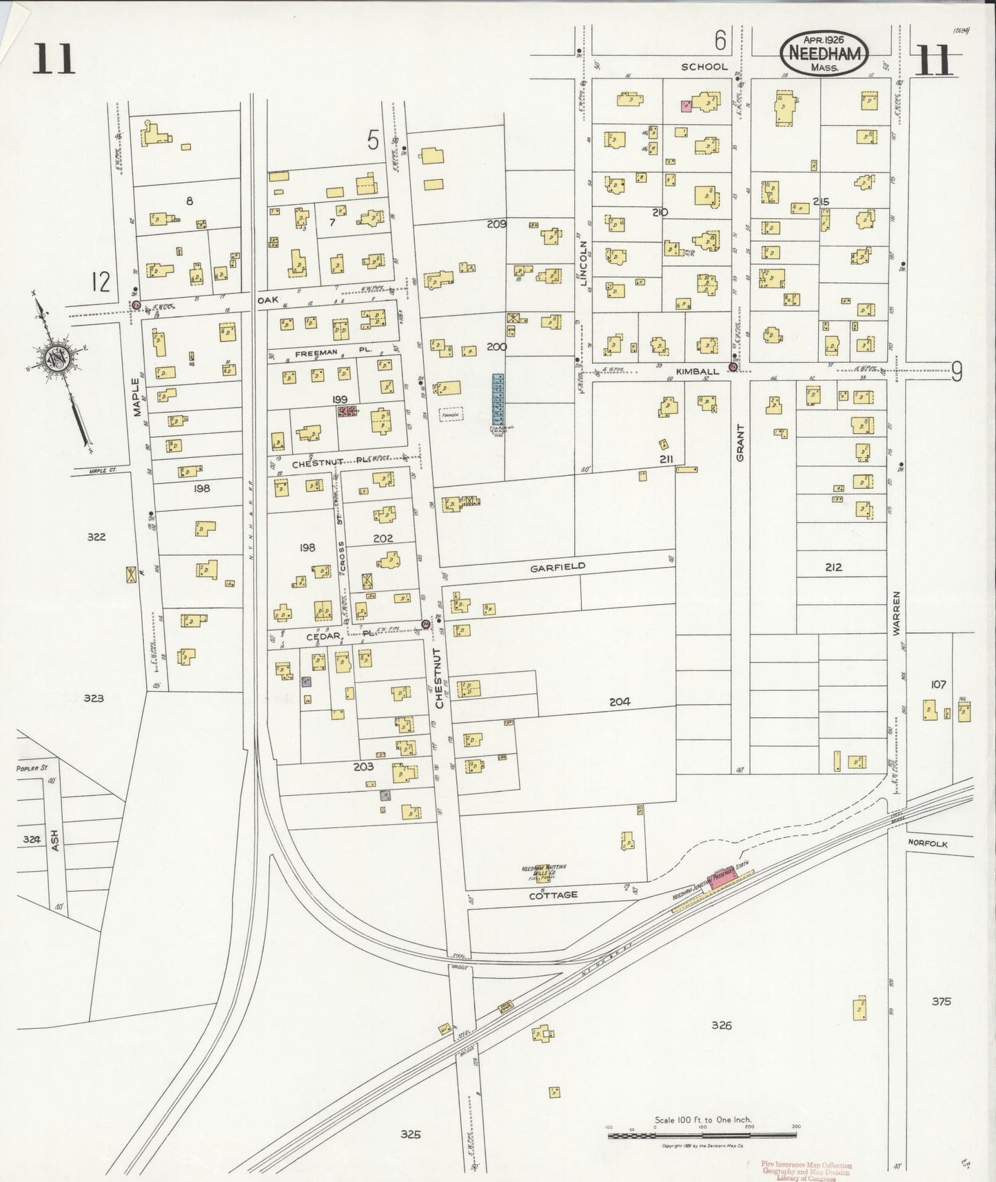 Sanborn Fire Insurance Map from Needham, Norfolk County, Massachusetts (1926), Sheet #0011 - Historic Sanborn Fire Insurance Map Print, vintage old map wall art, antique decor, genealogy gift, Massachusetts Massachusetts map