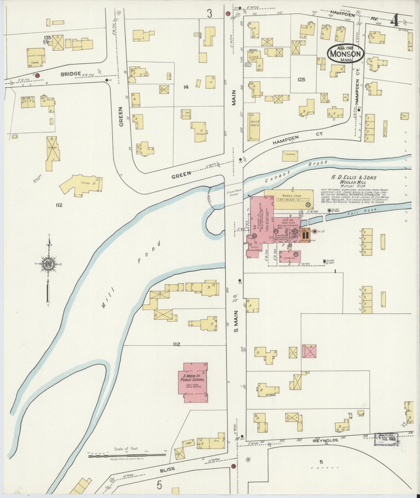 Sanborn Fire Insurance Map from Monson, Hampden County, Massachusetts (1918), Sheet #0004 - Historic Sanborn Fire Insurance Map Print, vintage old map wall art, antique decor, genealogy gift, Massachusetts Massachusetts map