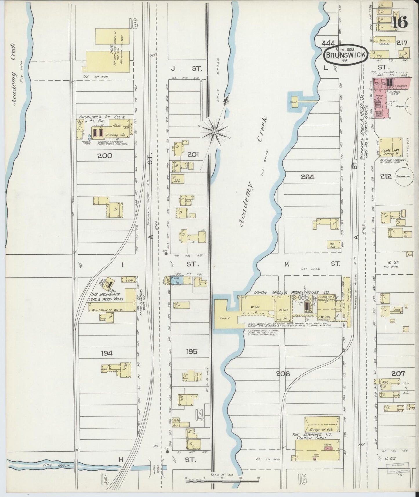 Sanborn Fire Insurance Map from Brunswick, Glynn County, Georgia (1893), Sheet #0016 - Historic Sanborn Fire Insurance Map Print, vintage old map wall art, antique decor, genealogy gift, Georgia Georgia map