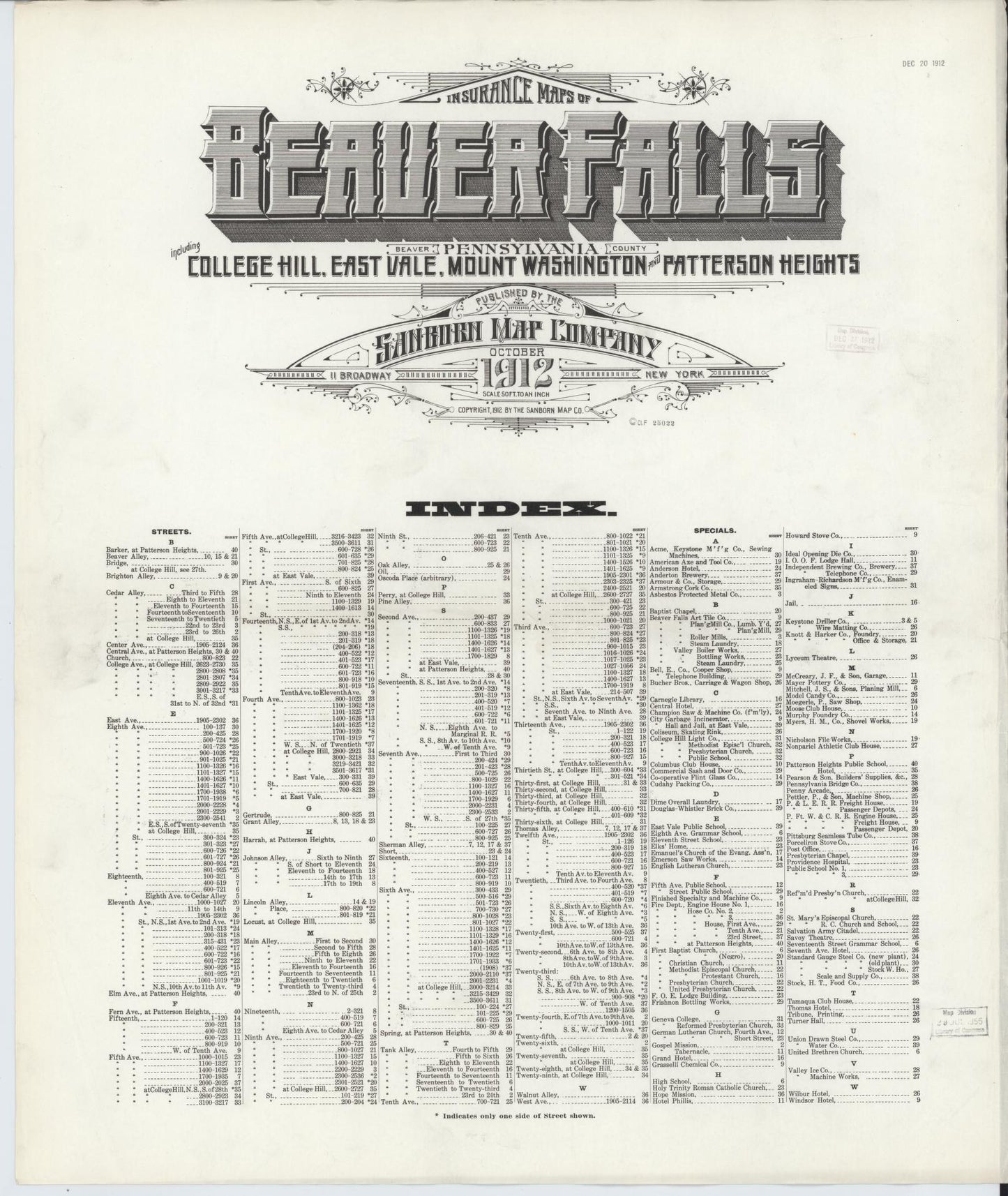 Sanborn Fire Insurance Map from Beaver Falls, Beaver County, Pennsylvania (1912), Sheet #0001 - Historic Sanborn Fire Insurance Map Print, vintage old map wall art, antique decor, genealogy gift, Pennsylvania Pennsylvania map