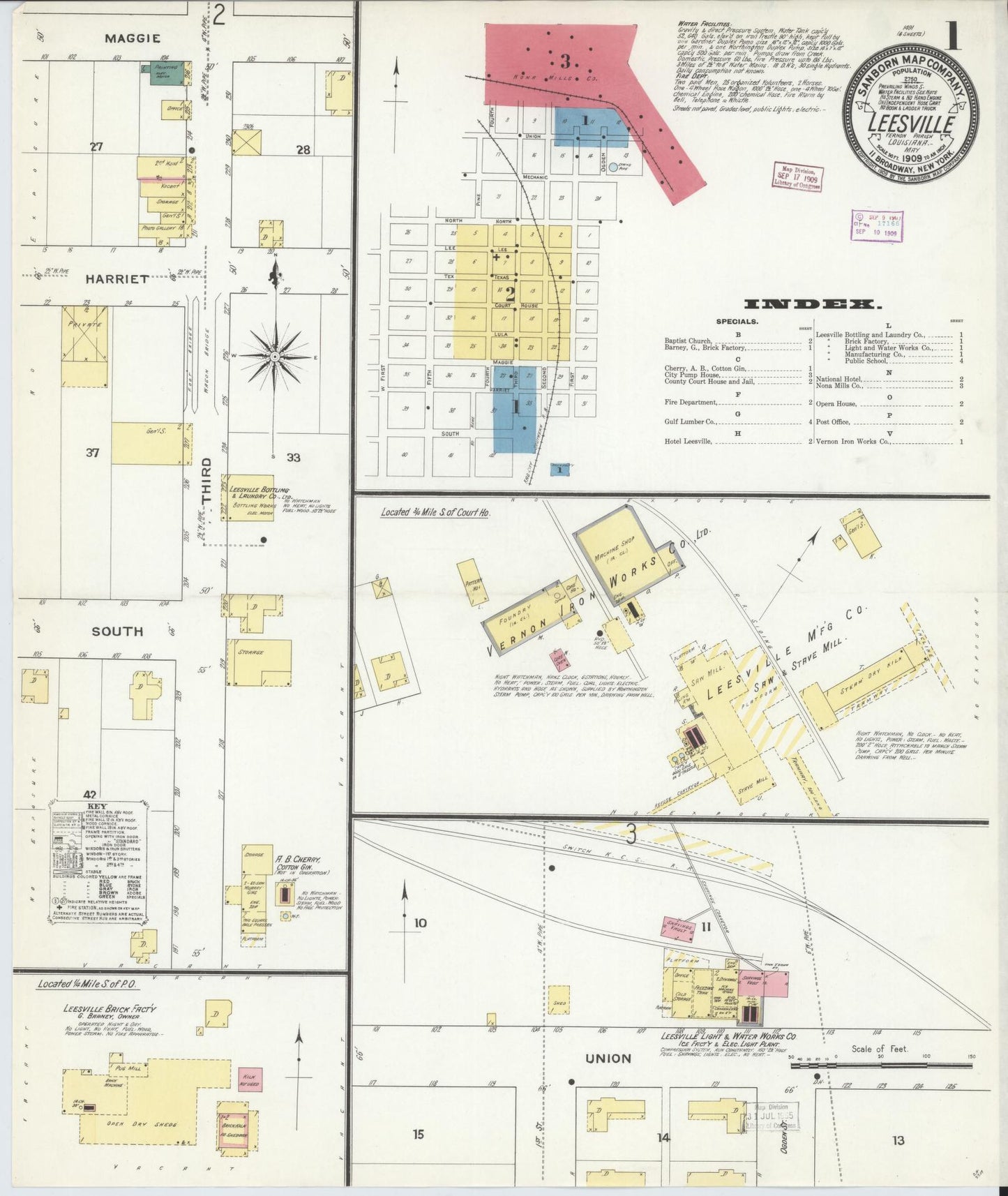 Sanborn Fire Insurance Map from Leesville, Vernon Parish, Louisiana (1909), Sheet #0001 - Historic Sanborn Fire Insurance Map Print, vintage old map wall art, antique decor, genealogy gift, Louisiana Louisiana map