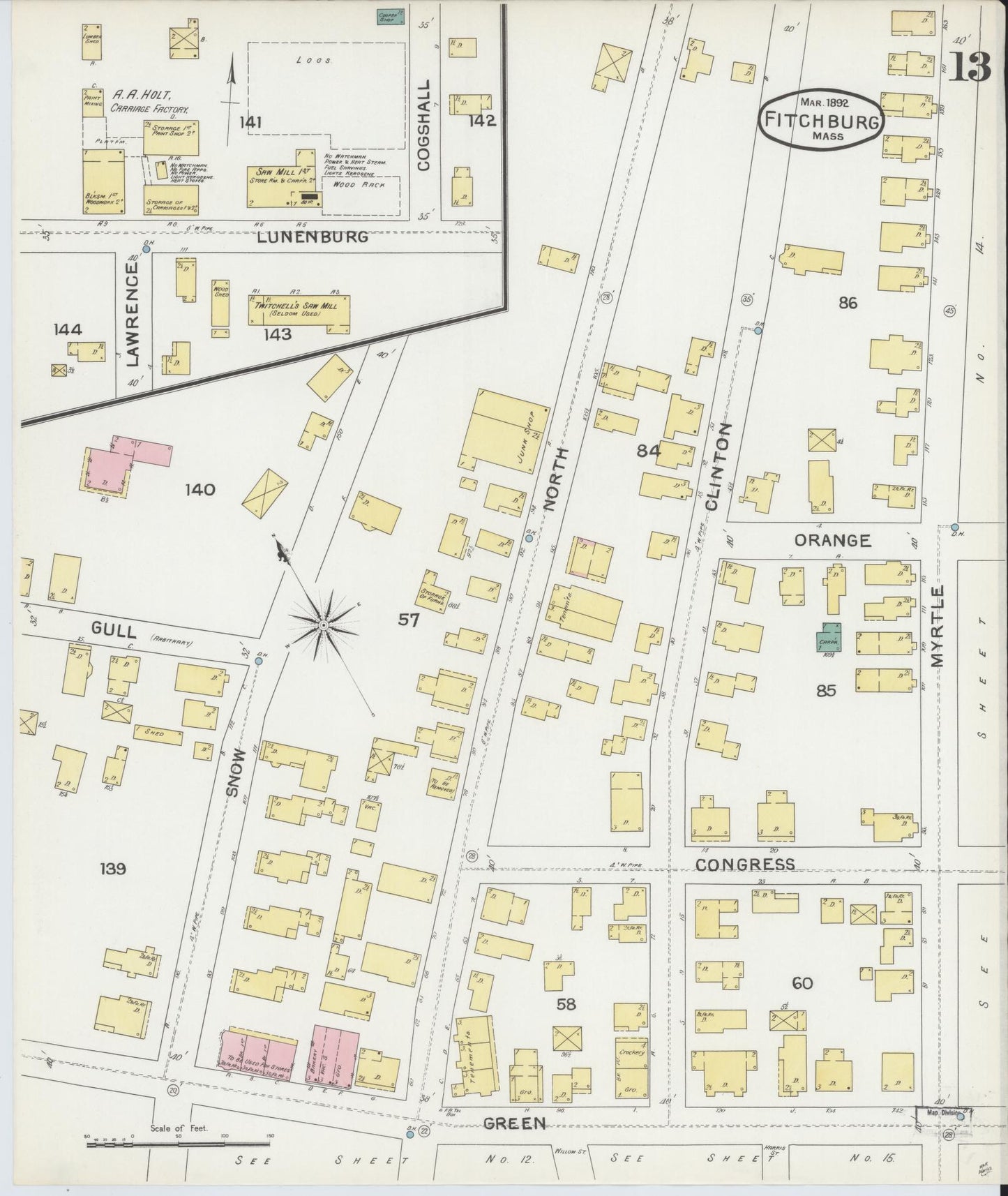 Sanborn Fire Insurance Map from Fitchburg, Worcester County, Massachusetts (1892), Sheet #0013 - Historic Sanborn Fire Insurance Map Print, vintage old map wall art, antique decor, genealogy gift, Massachusetts Massachusetts map