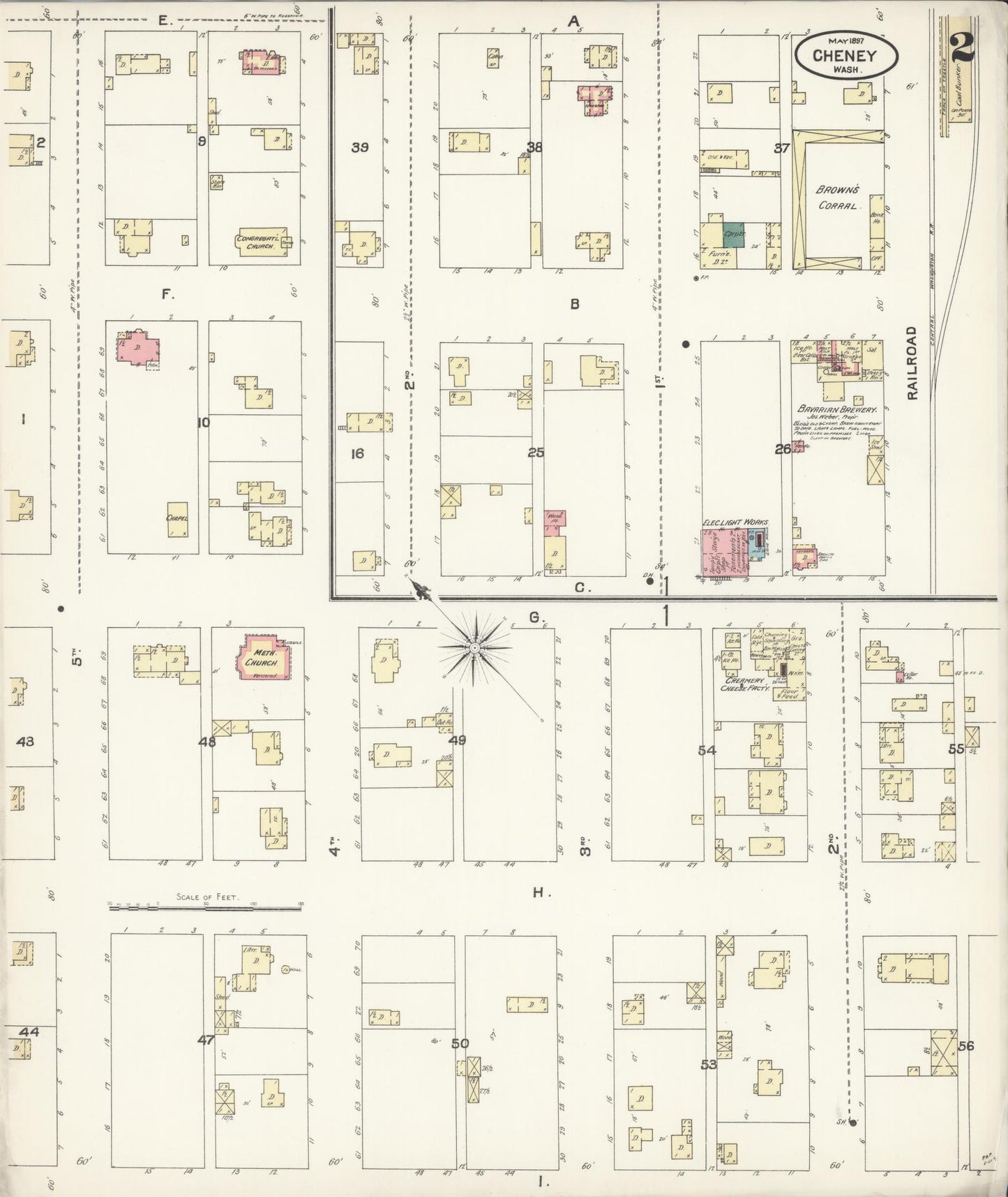 Sanborn Fire Insurance Map from Cheney, Spokane County, Washington (1897), Sheet #0002 - Complete Map Set gallery image, historic Sanborn map, vintage wall art, Washington Washington