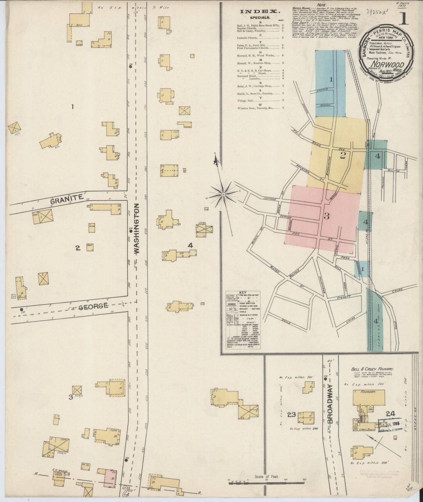 Sanborn Fire Insurance Map from Norwood, Norfolk County, Massachusetts (1892), Sheet #0001 - Historic Sanborn Fire Insurance Map Print, vintage old map wall art, antique decor, genealogy gift, Massachusetts Massachusetts map