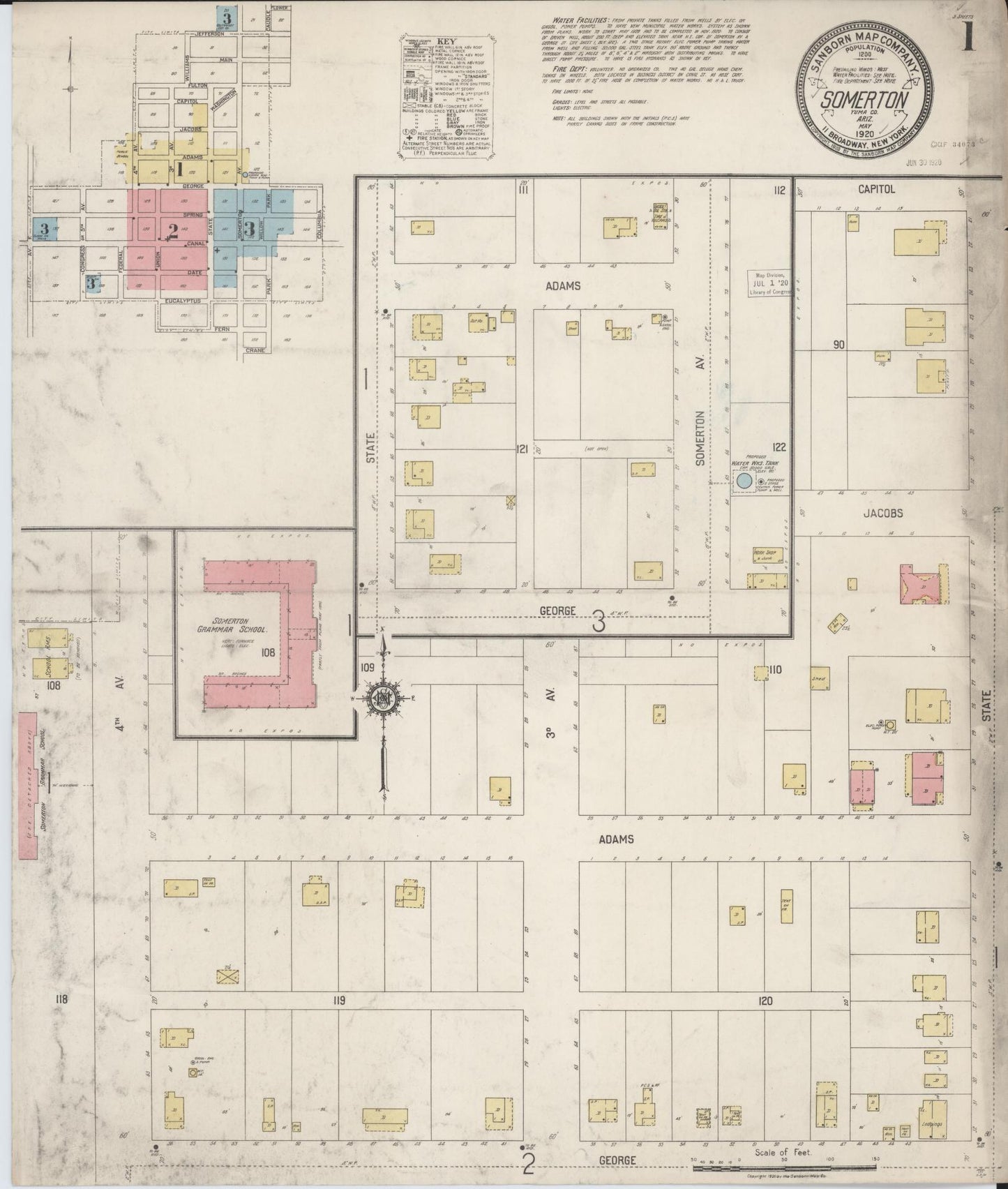 Sanborn Fire Insurance Map from Somerton, Yuma County, Arizona (1920), Sheet #0001 - Historic Sanborn Fire Insurance Map Print, vintage old map wall art, antique decor, genealogy gift, Arizona Arizona map
