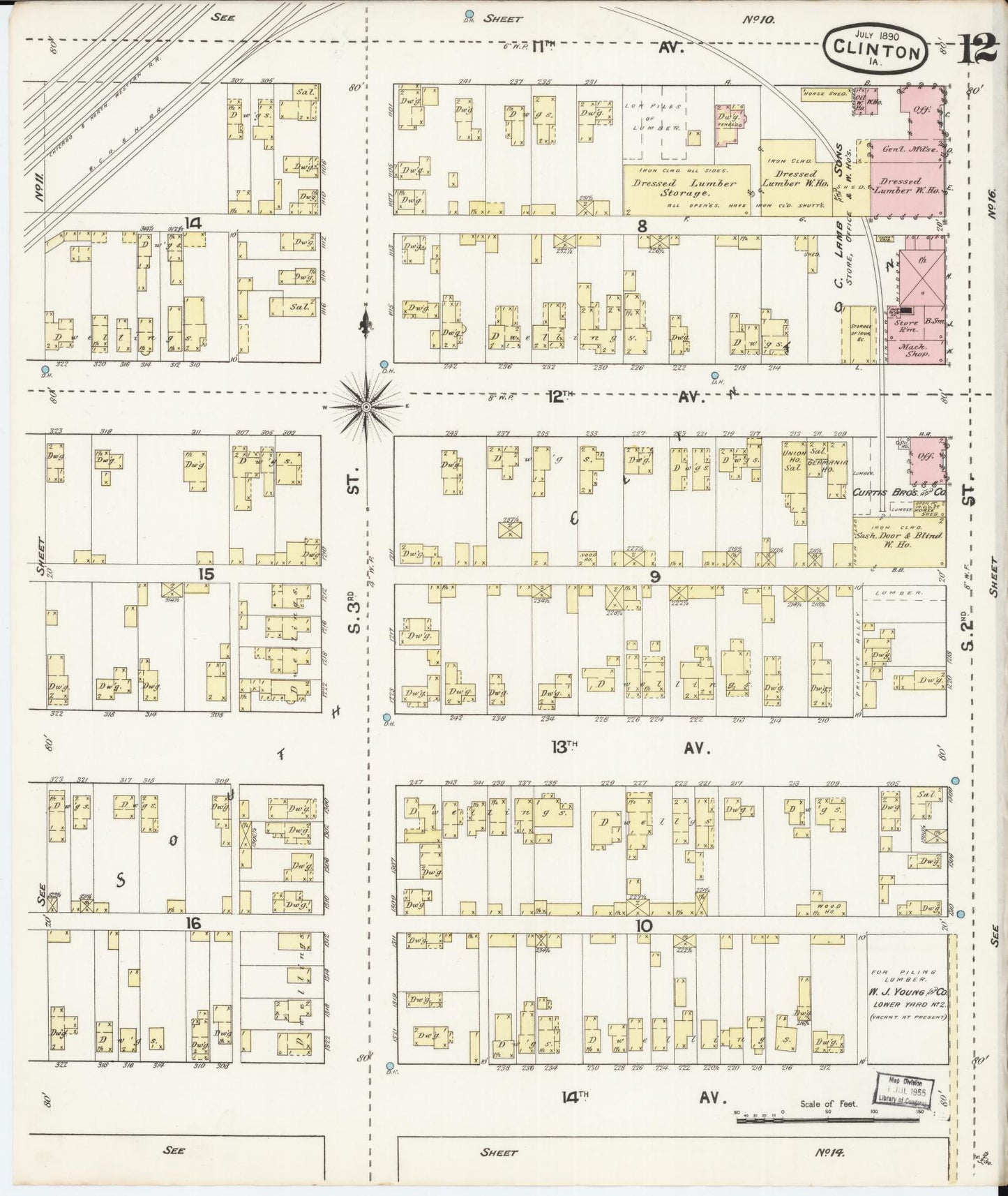 Sanborn Fire Insurance Map from Clinton, Clinton County, Iowa (1890), Sheet #0012 - Historic Sanborn Fire Insurance Map Print, vintage old map wall art