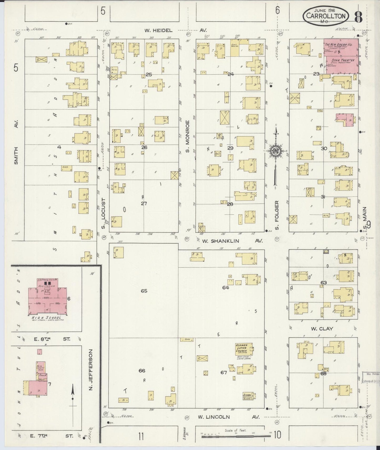 Sanborn Fire Insurance Map from Carrollton, Carroll County, Missouri (1916), Sheet #0008 - Historic Sanborn Fire Insurance Map Print, vintage old map wall art, antique decor, genealogy gift, Missouri Missouri map