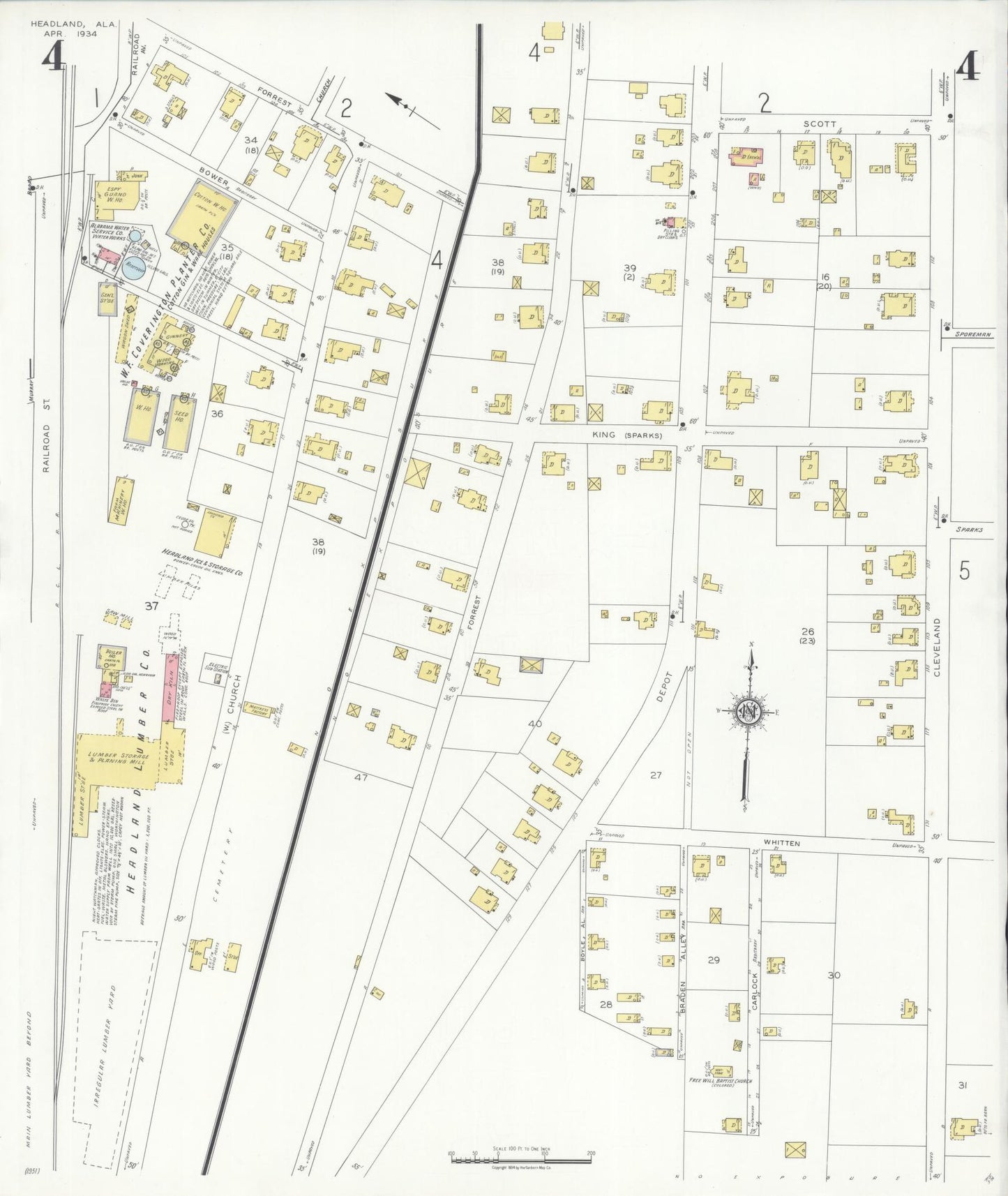 Sanborn Fire Insurance Map from Headland, Henry County, Alabama (1934), Sheet #0004 - Historic Sanborn Fire Insurance Map Print, vintage old map wall art, antique decor, genealogy gift, Alabama Alabama map