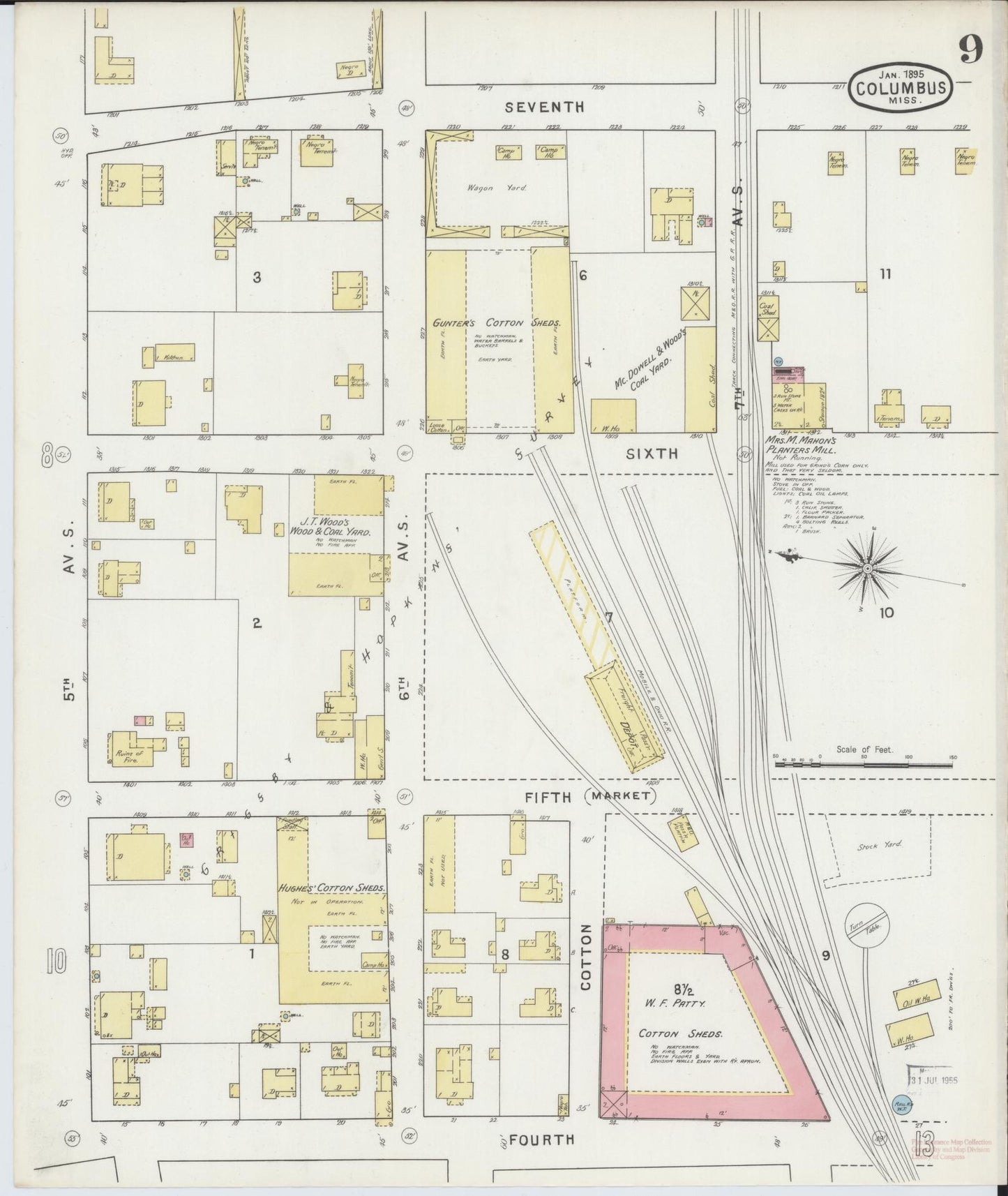 Sanborn Fire Insurance Map from Columbus, Lowndes County, Mississippi (1895), Sheet #0009 - Historic Sanborn Fire Insurance Map Print, vintage old map wall art, antique decor, genealogy gift, Mississippi Mississippi map