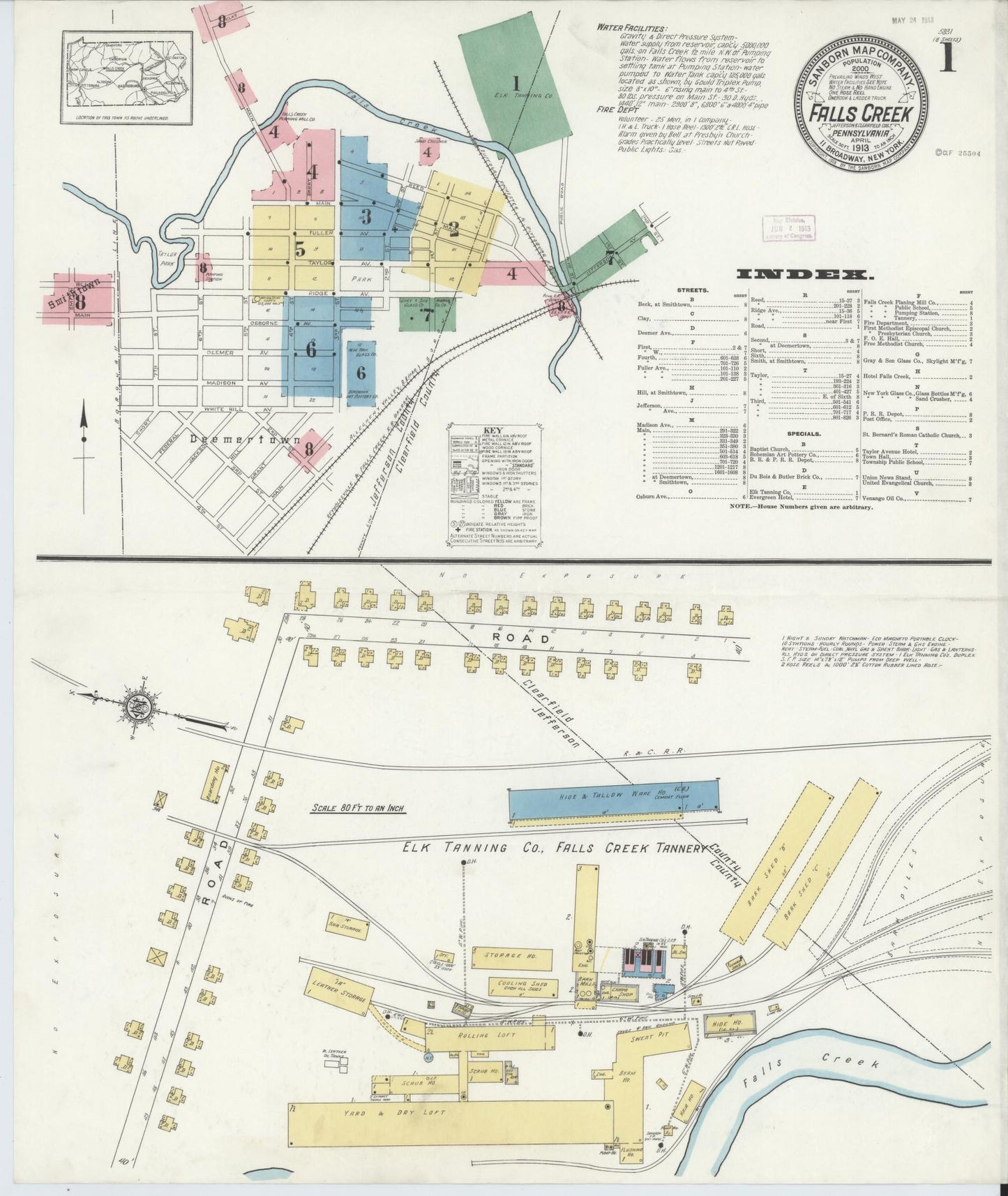 Sanborn Fire Insurance Map from Falls Creek, Jefferson And Clearfield Counties, Pennsylvania (1913), Sheet #0001 - Historic Sanborn Fire Insurance Map Print, vintage old map wall art, antique decor, genealogy gift, Pennsylvania Pennsylvania map