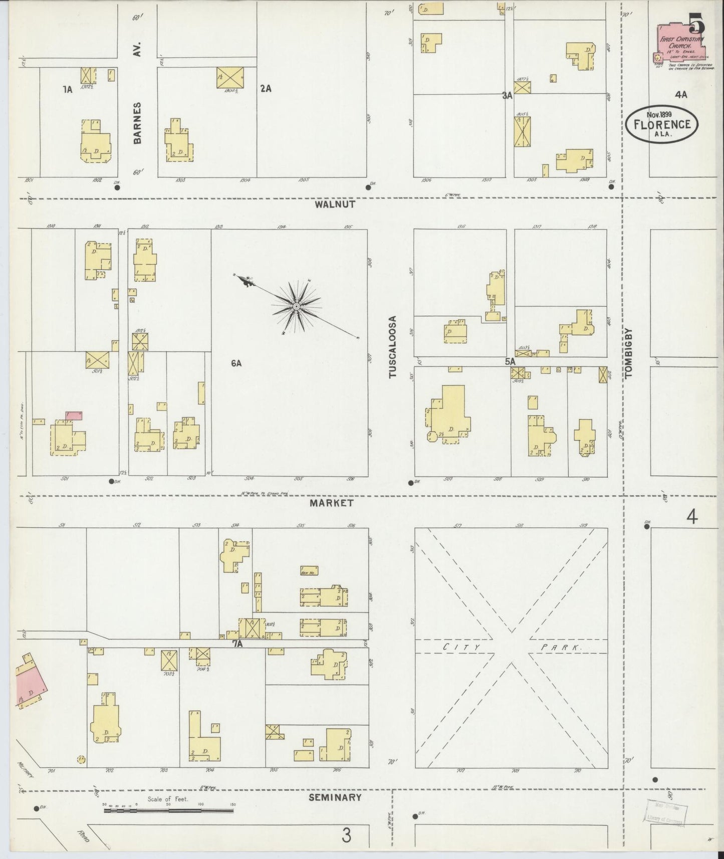 Sanborn Fire Insurance Map from Florence, Lauderdale County, Alabama (1899), Sheet #0005 - Historic Sanborn Fire Insurance Map Print, vintage old map wall art, antique decor, genealogy gift, Alabama Alabama map