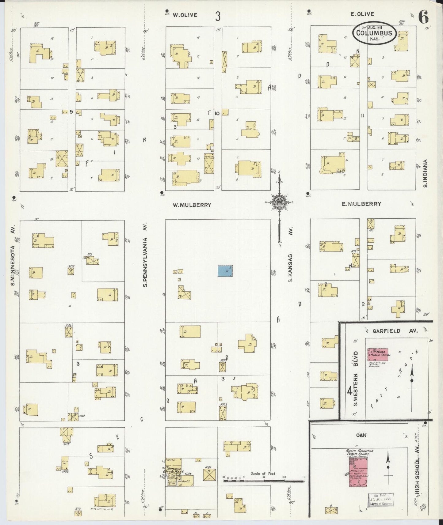 Sanborn Fire Insurance Map from Columbus, Cherokee County, Kansas (1911), Sheet #0006 - Historic Sanborn Fire Insurance Map Print, vintage old map wall art, antique decor, genealogy gift, Kansas Kansas map