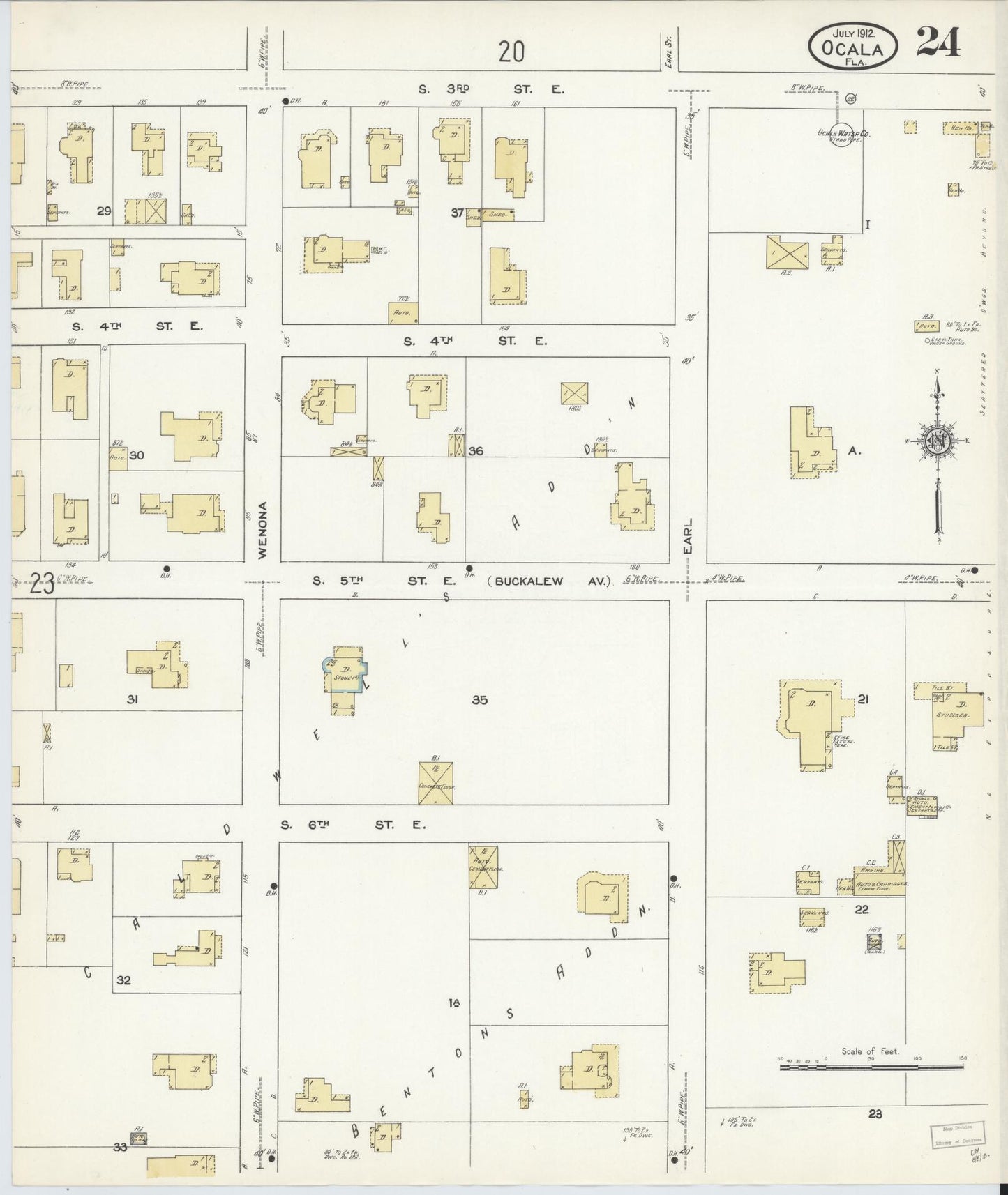 Sanborn Fire Insurance Map from Ocala, Marion County, Florida (1912), Sheet #0024 - Historic Sanborn Fire Insurance Map Print, vintage old map wall art, antique decor, genealogy gift, Florida Florida map
