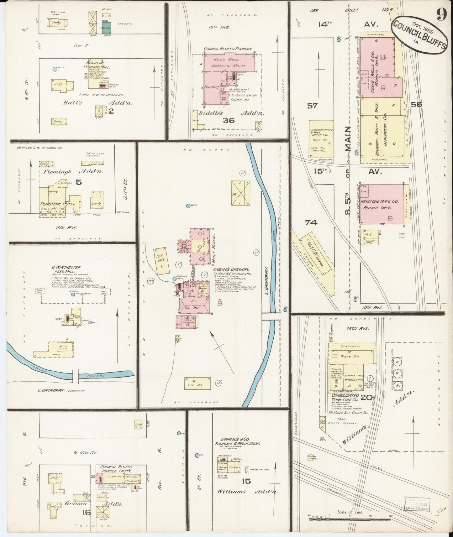 Sanborn Fire Insurance Map from Council Bluffs, Pottawattamie County, Iowa (1885), Sheet #0009 - Historic Sanborn Fire Insurance Map Print, vintage old map wall art