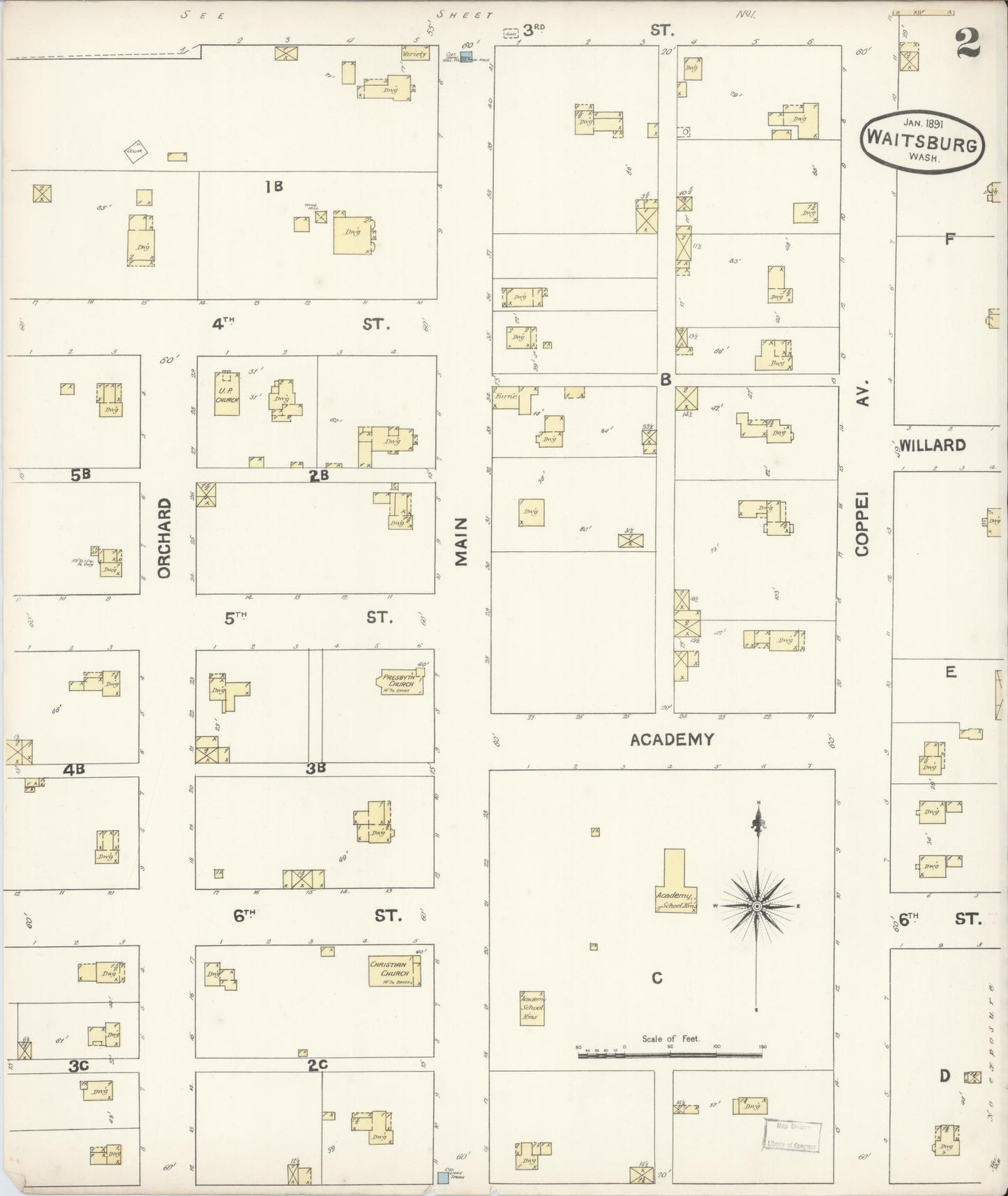 Sanborn Fire Insurance Map from Waitsburg, Walla Walla County, Washington (1891), Sheet #0002 - Complete Map Set gallery image, historic Sanborn map, vintage wall art, Washington Washington