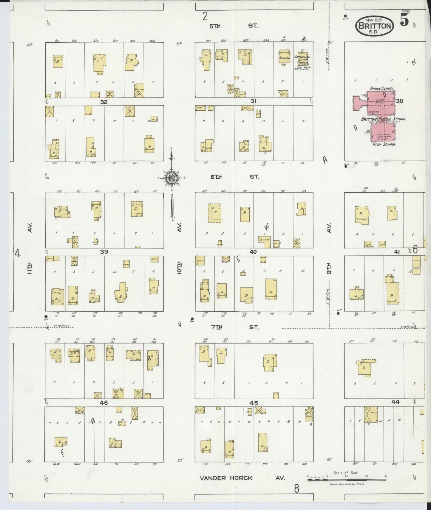 Sanborn Fire Insurance Map from Britton, Marshall County, South Dakota (1921), Sheet #0005 - Historic Sanborn Fire Insurance Map Print, vintage old map wall art, antique decor, genealogy gift, South Dakota South Dakota map