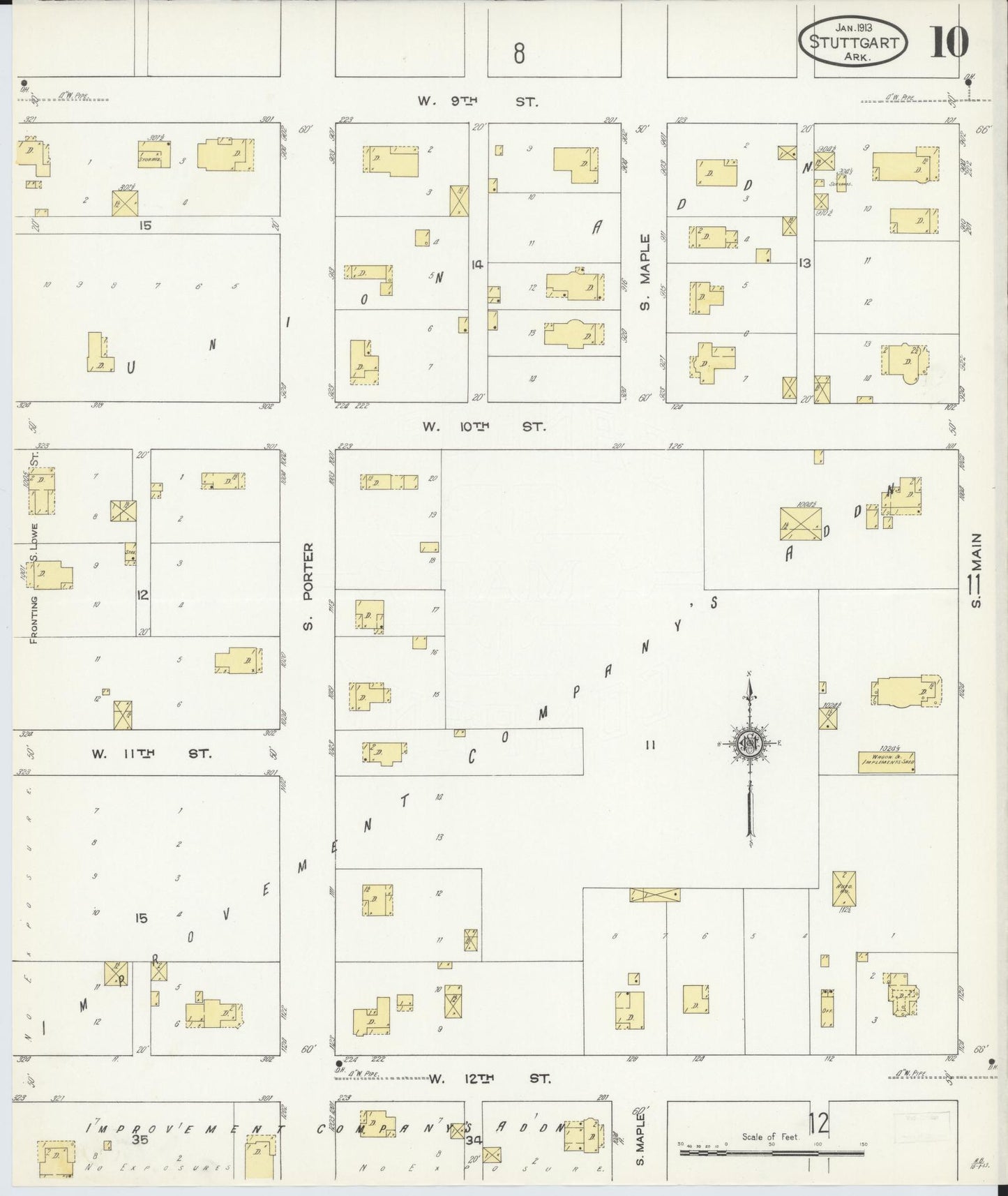 Sanborn Fire Insurance Map from Stuttgart, Arkansas County, Arkansas (1913), Sheet #0010 - Historic Sanborn Fire Insurance Map Print, vintage old map wall art, antique decor, genealogy gift, Stuttgart Arkansas map