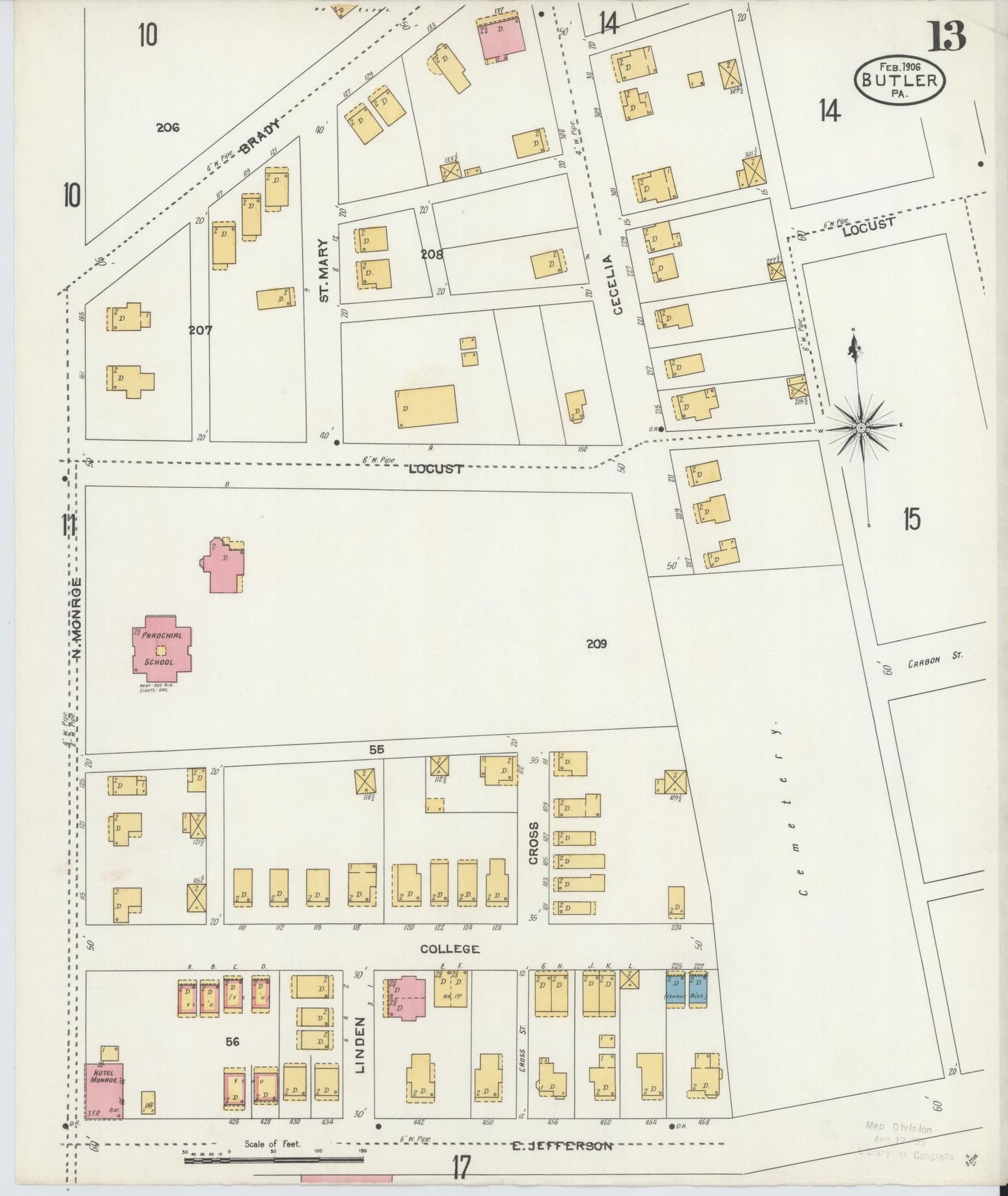 Sanborn Fire Insurance Map from Butler, Butler County, Pennsylvania (1906), Sheet #0013 - Historic Sanborn Fire Insurance Map Print, vintage old map wall art, antique decor, genealogy gift, Pennsylvania Pennsylvania map