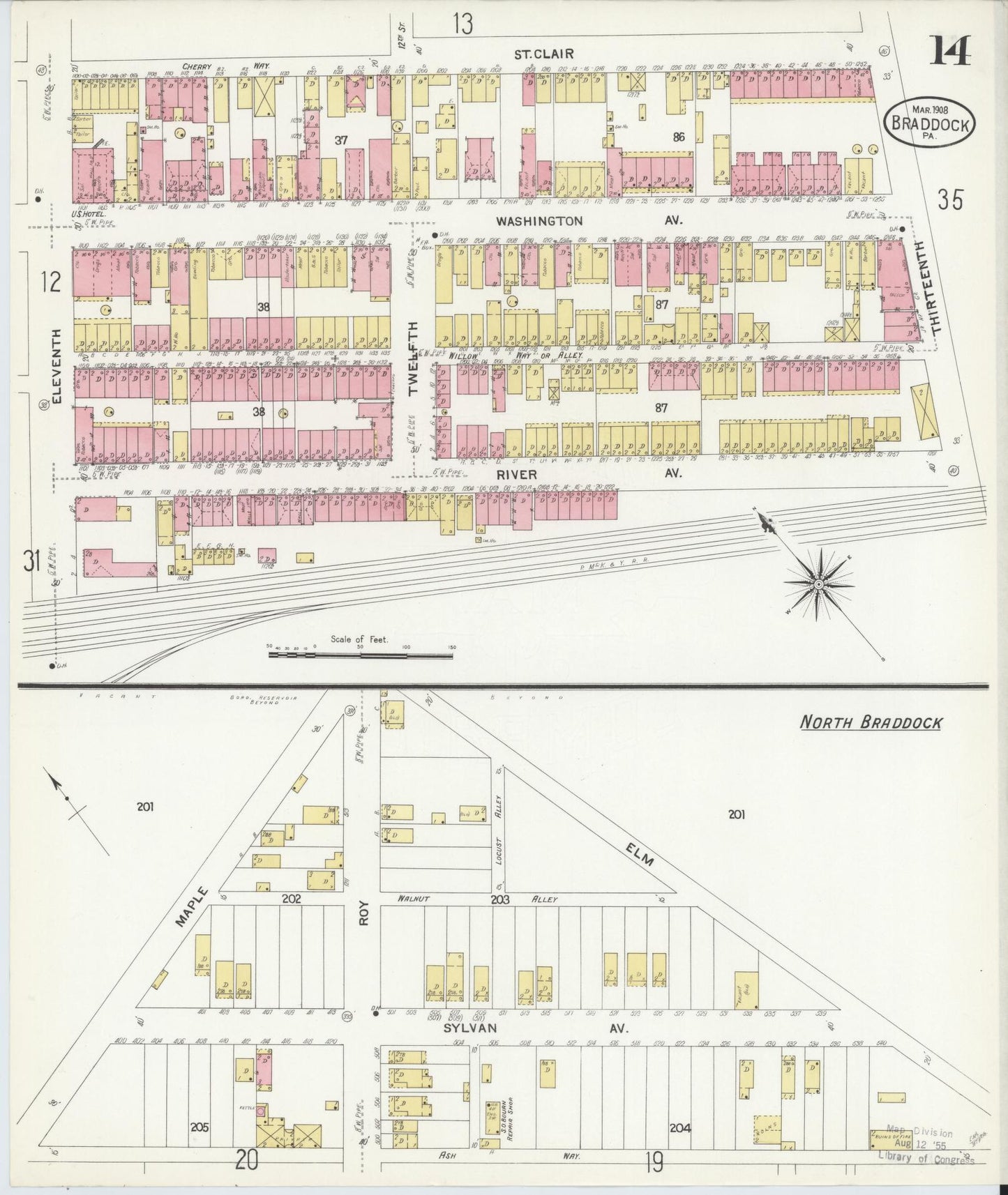 Sanborn Fire Insurance Map from Braddock, Allegheny County, Pennsylvania (1908), Sheet #0014 - Historic Sanborn Fire Insurance Map Print, vintage old map wall art, antique decor, genealogy gift, Pennsylvania Pennsylvania map