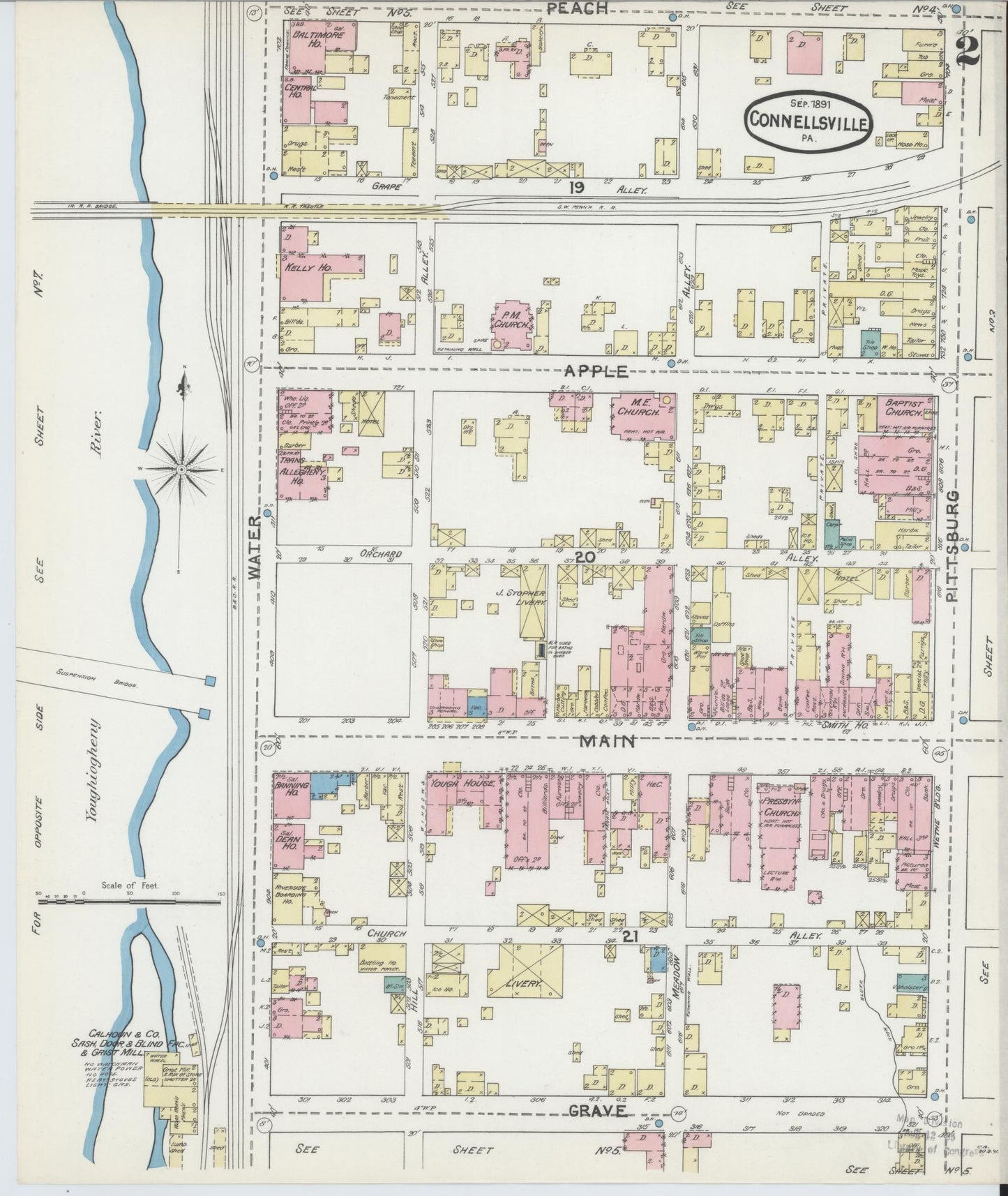 Sanborn Fire Insurance Map from Connellsville, Fayette County, Pennsylvania (1891), Sheet #0002 - Historic Sanborn Fire Insurance Map Print, vintage old map wall art, antique decor, genealogy gift, Pennsylvania Pennsylvania map