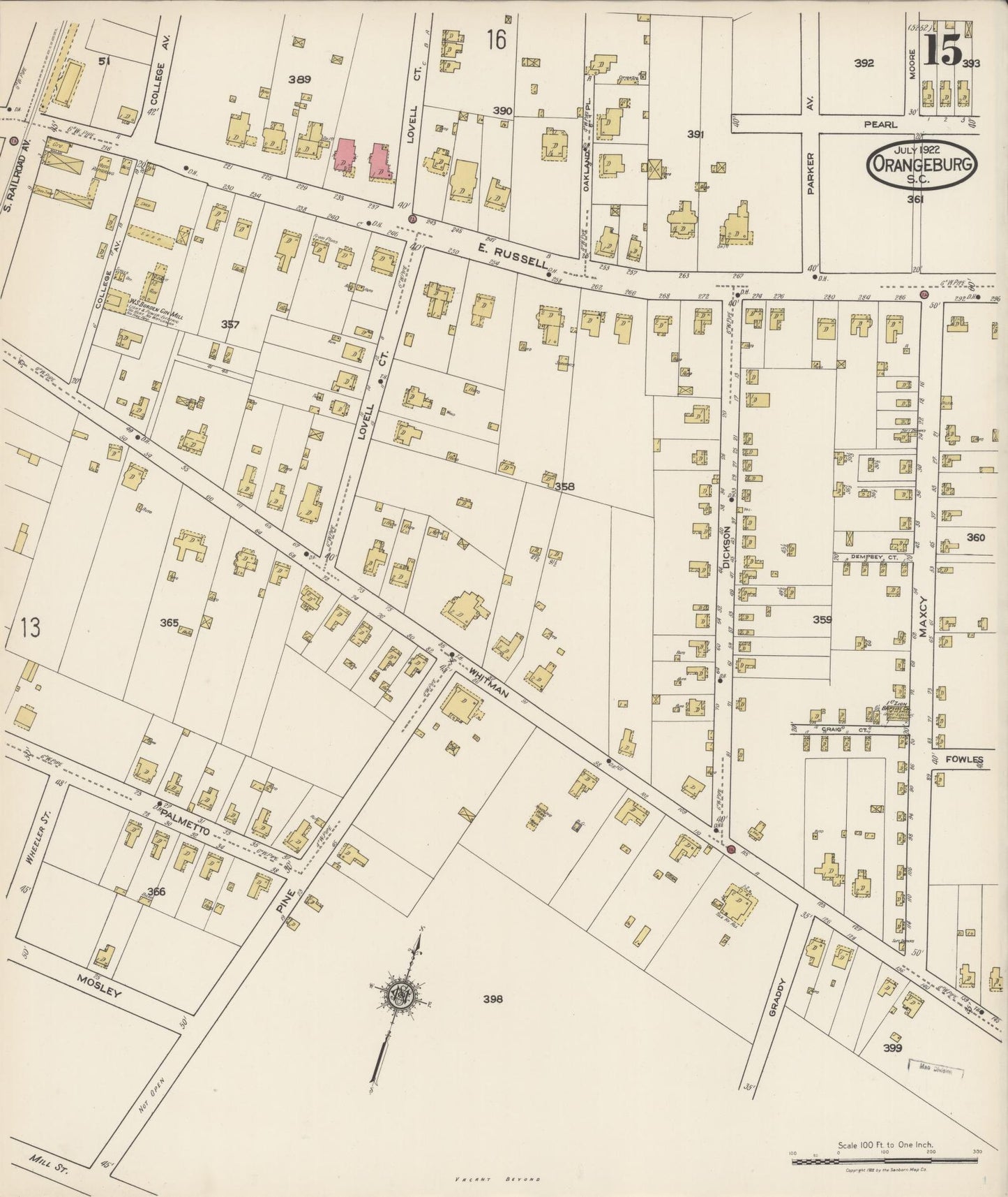 Sanborn Fire Insurance Map from Orangeburg, Orangeburg County, South Carolina (1922), Sheet #0015 - Historic Sanborn Fire Insurance Map Print, vintage old map wall art, antique decor, genealogy gift, South Carolina South Carolina map