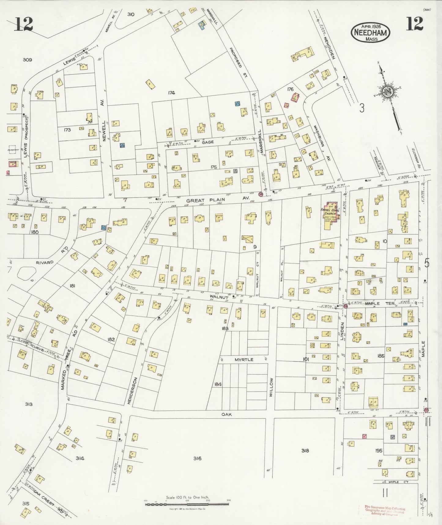 Sanborn Fire Insurance Map from Needham, Norfolk County, Massachusetts (1926), Sheet #0012 - Historic Sanborn Fire Insurance Map Print, vintage old map wall art, antique decor, genealogy gift, Massachusetts Massachusetts map