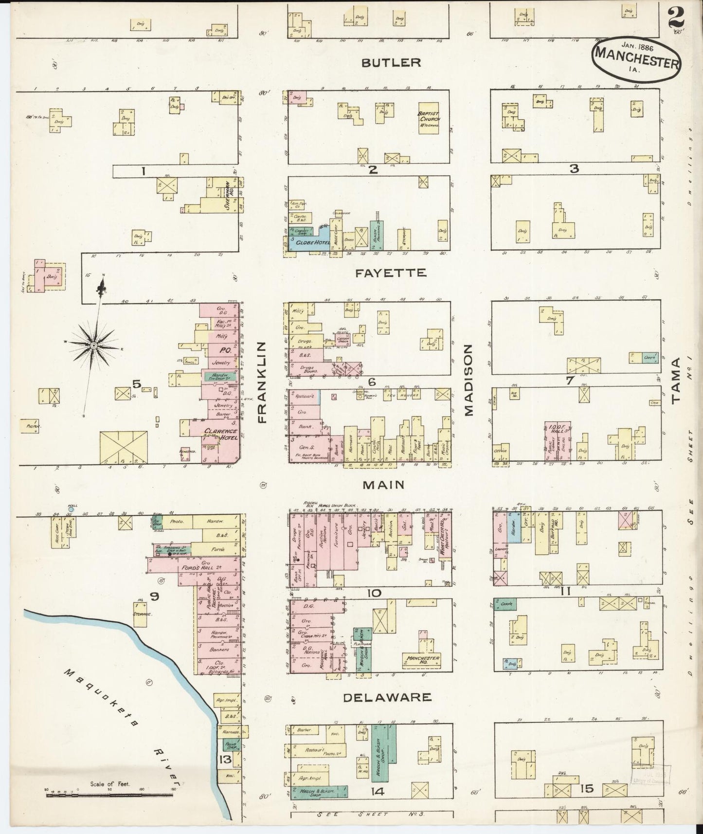 Sanborn Fire Insurance Map from Manchester, Delaware County, Iowa (1886), Sheet #0002 - Historic Sanborn Fire Insurance Map Print, vintage old map wall art, antique decor, genealogy gift, Manchester Delaware map