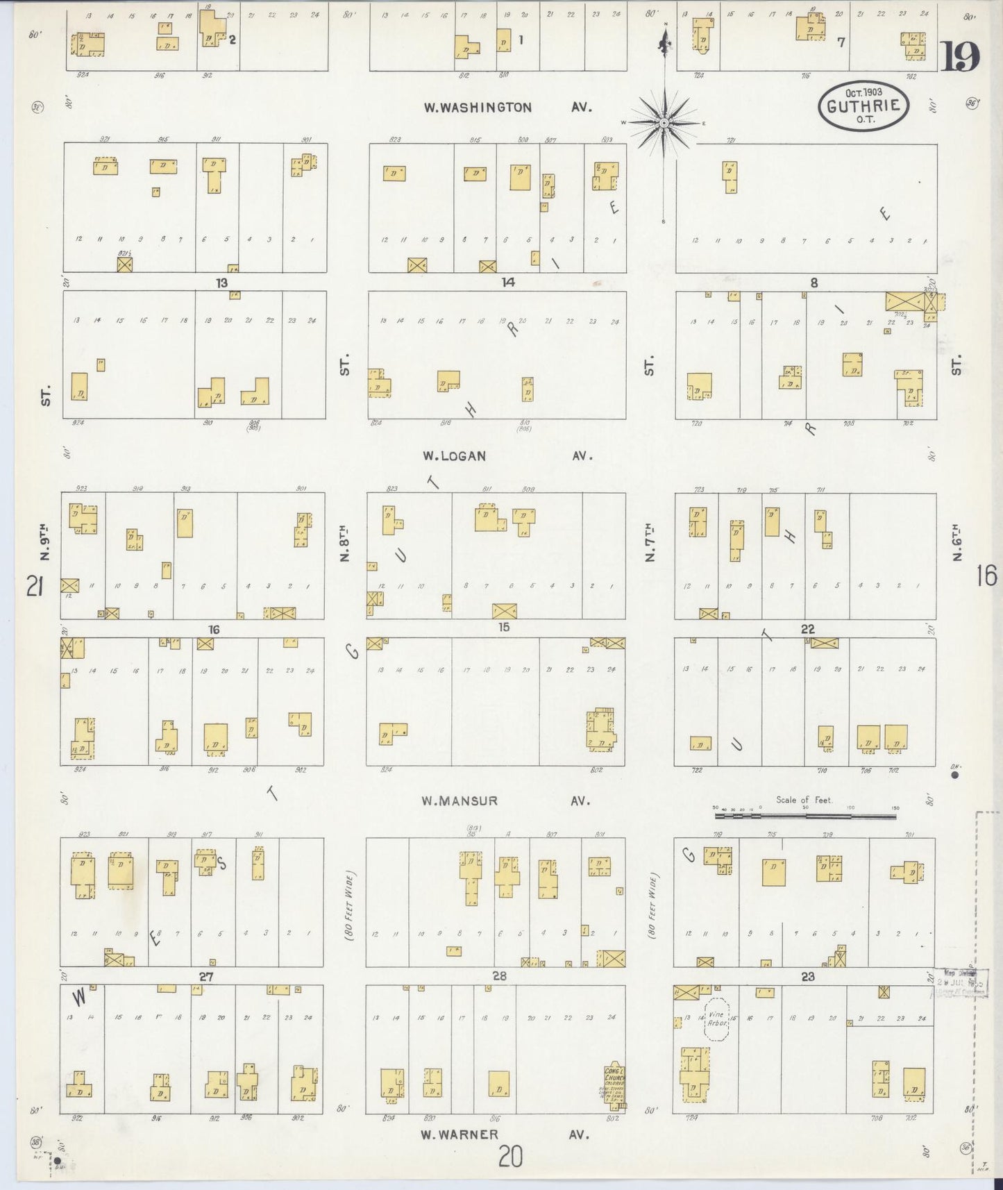 Sanborn Fire Insurance Map from Guthrie, Logain County, Oklahoma (1903), Sheet #0019 - Historic Sanborn Fire Insurance Map Print, vintage old map wall art, antique decor, genealogy gift, Oklahoma Oklahoma map