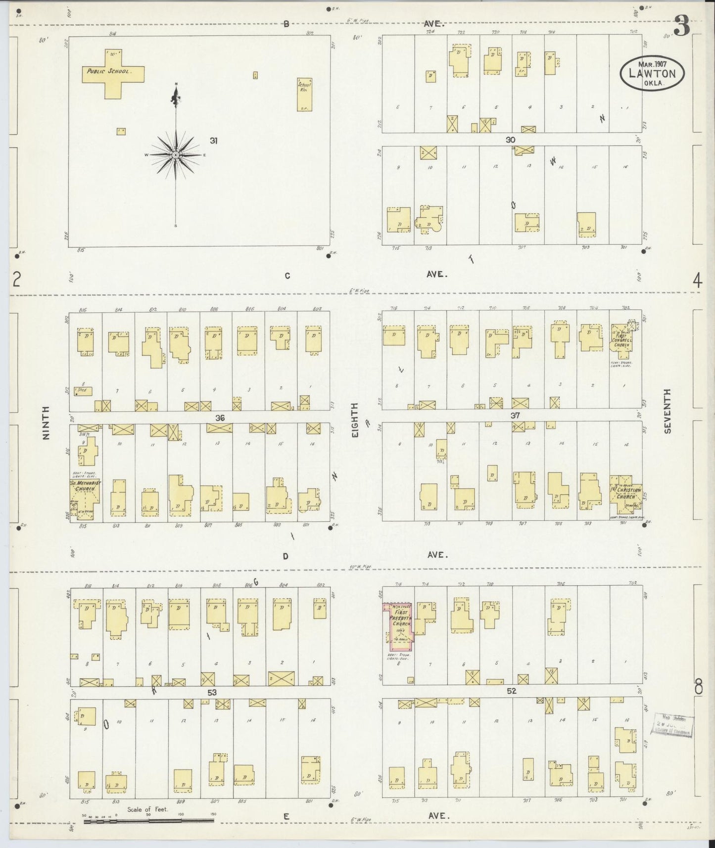 Sanborn Fire Insurance Map from Lawton, Comanche County, Oklahoma (1907), Sheet #0003 - Historic Sanborn Fire Insurance Map Print, vintage old map wall art, antique decor, genealogy gift, Oklahoma Oklahoma map