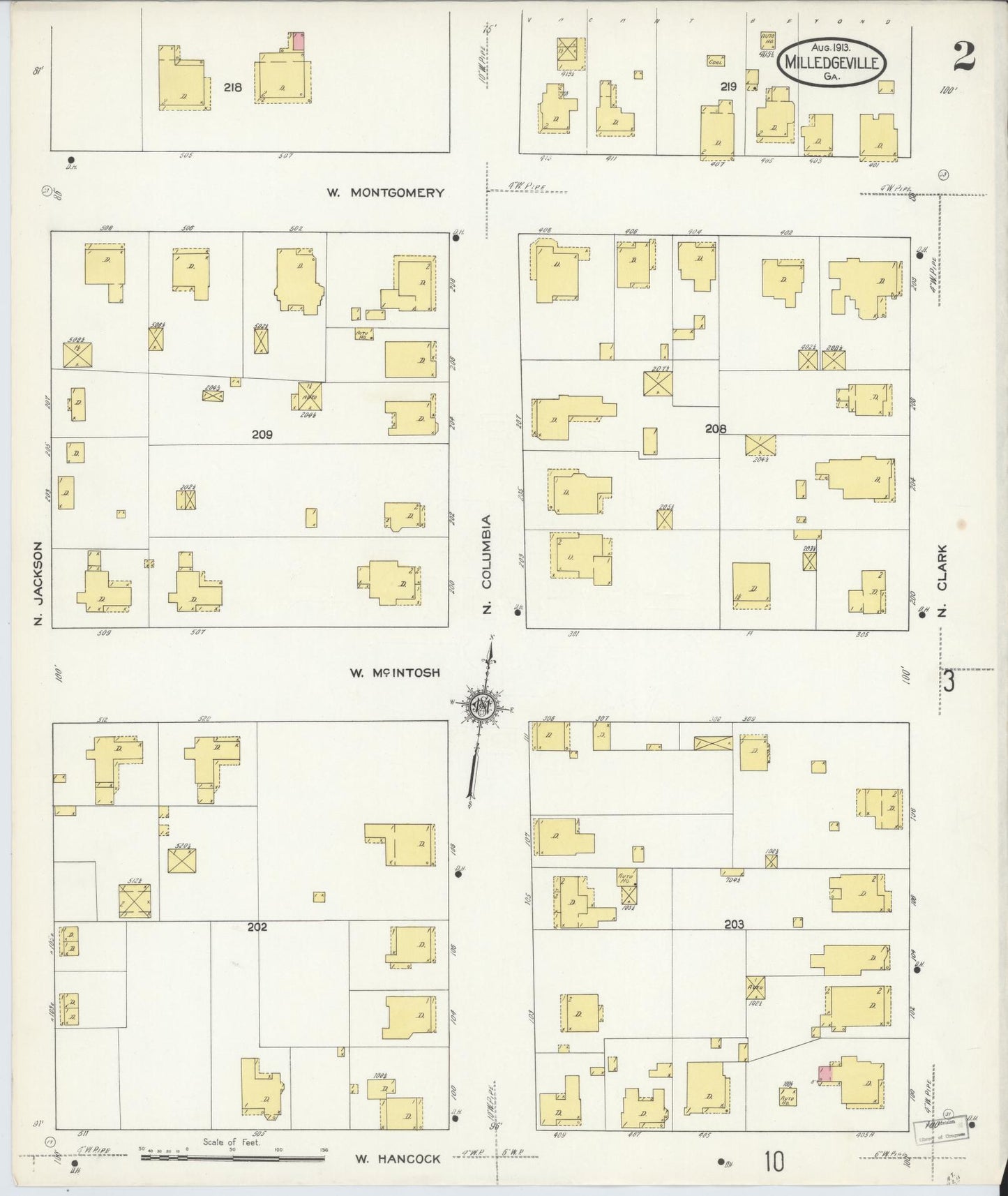 Sanborn Fire Insurance Map from Milledgeville, Baldwin County, Georgia (1913), Sheet #0002 - Historic Sanborn Fire Insurance Map Print, vintage old map wall art, antique decor, genealogy gift, Georgia Georgia map