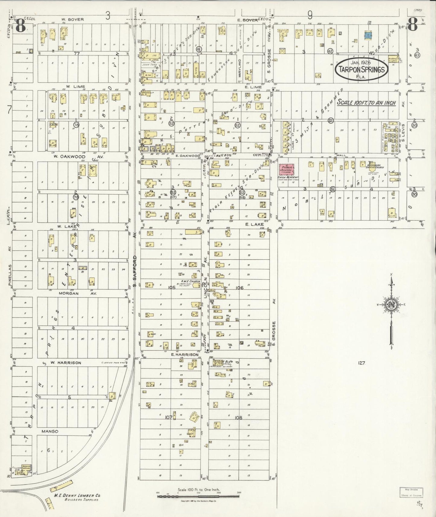 Sanborn Fire Insurance Map from Tarpon Springs, Pinellas County, Florida (1926), Sheet #0008 - Historic Sanborn Fire Insurance Map Print, vintage old map wall art, antique decor, genealogy gift, Florida Florida map