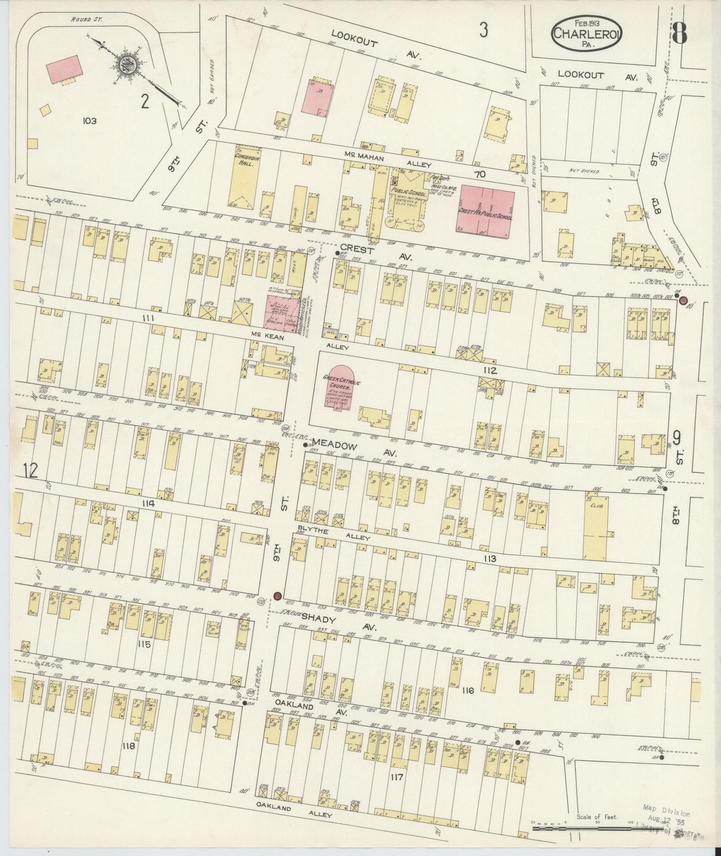 Sanborn Fire Insurance Map from Charleroi, Washington County, Pennsylvania (1913), Sheet #0008 - Historic Sanborn Fire Insurance Map Print, vintage old map wall art, antique decor, genealogy gift, Pennsylvania Pennsylvania map
