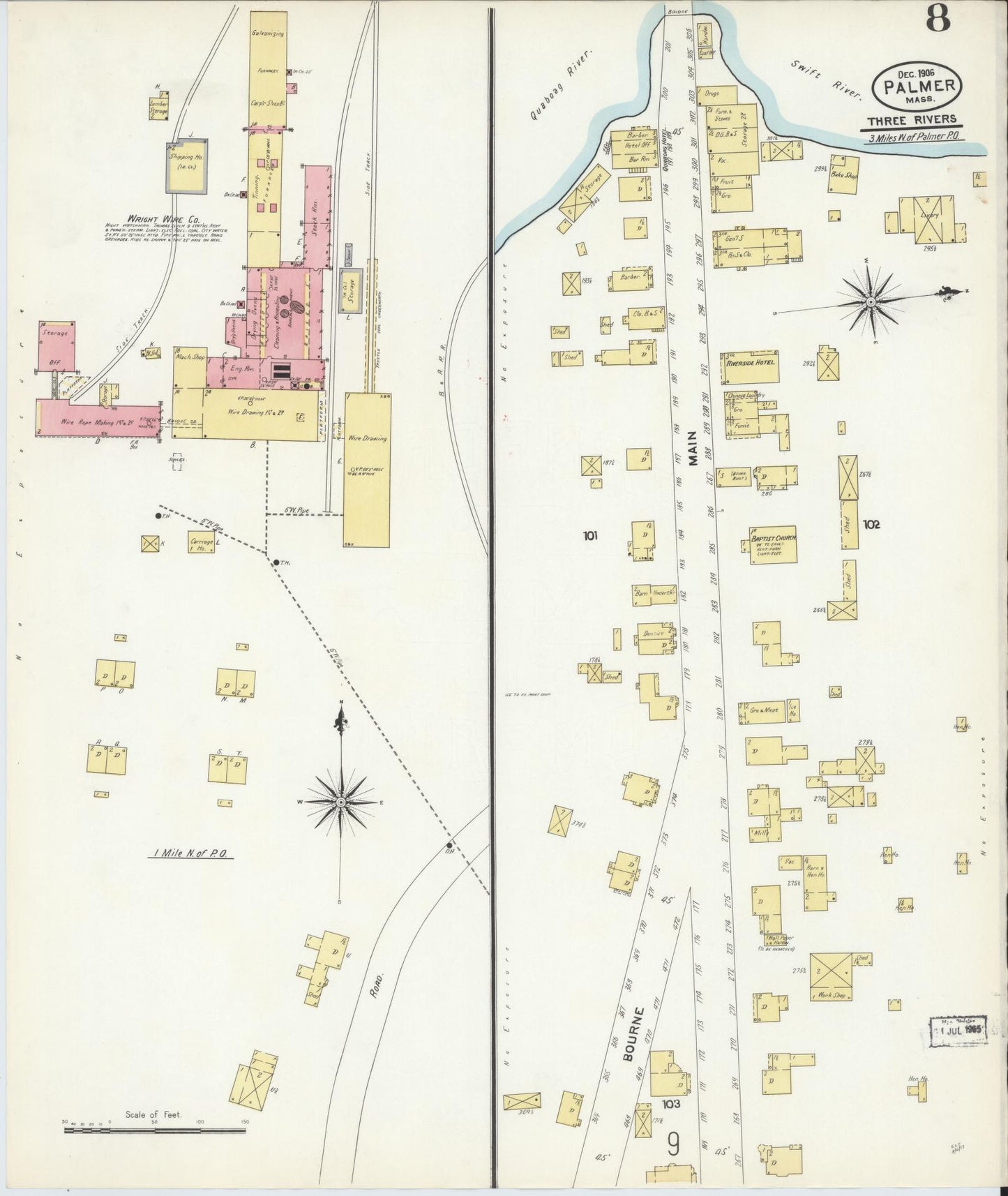 Sanborn Fire Insurance Map from Palmer, Hampden County, Massachusetts (1906), Sheet #0008 - Historic Sanborn Fire Insurance Map Print, vintage old map wall art, antique decor, genealogy gift, Massachusetts Massachusetts map