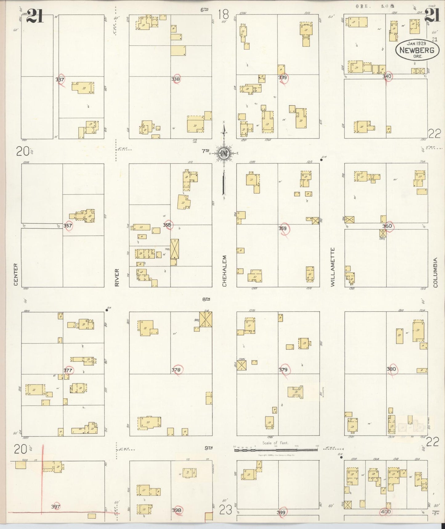 Sanborn Fire Insurance Map from Newberg, Yamhill County, Oregon (1934), Sheet #0021 - Historic Sanborn Fire Insurance Map Print, vintage old map wall art, antique decor, genealogy gift, Oregon Oregon map