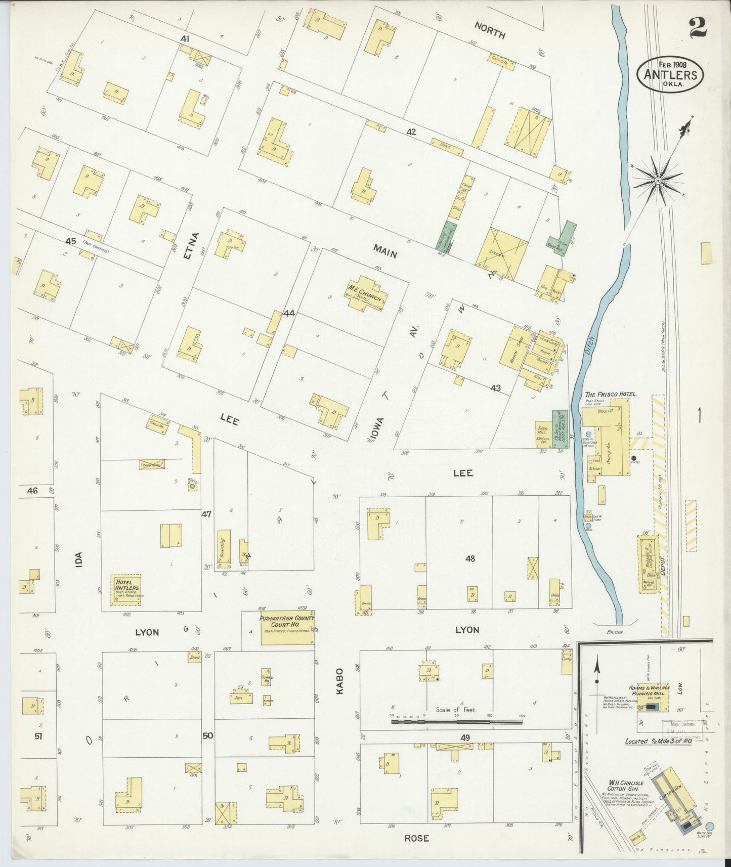 Sanborn Fire Insurance Map from Antlers, Pushmataha County, Oklahoma (1908), Sheet #0002 - Complete Map Set gallery image, historic Sanborn map, vintage wall art, Oklahoma Oklahoma