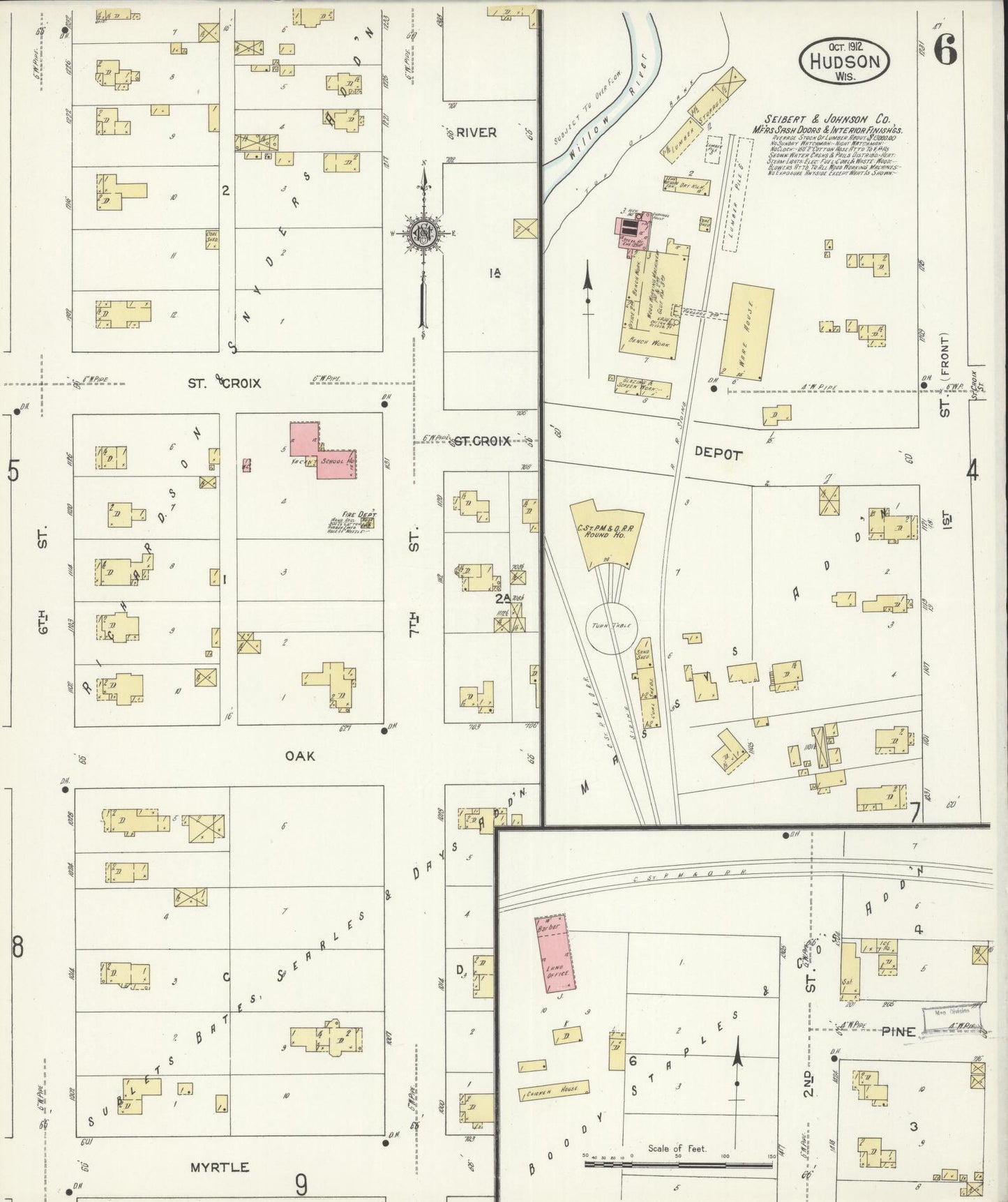Sanborn Fire Insurance Map from Hudson, St. Croix County, Wisconsin (1912), Sheet #0006 - Historic Sanborn Fire Insurance Map Print, vintage old map wall art, antique decor, genealogy gift, Wisconsin Wisconsin map