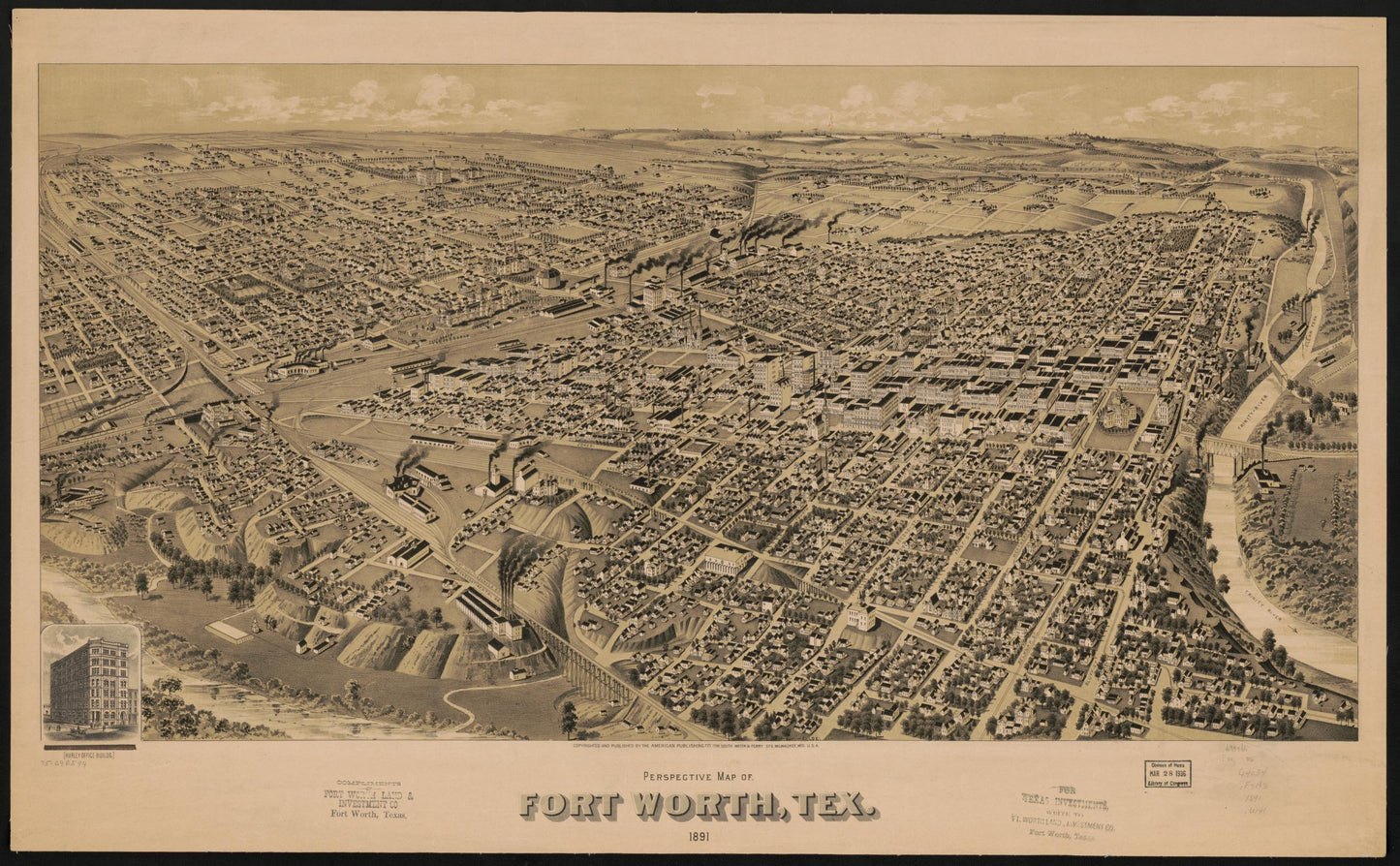 Perspective map of Fort Worth, Tex. 1891. (1891) – Historic Bird’s-Eye View Panorama Print