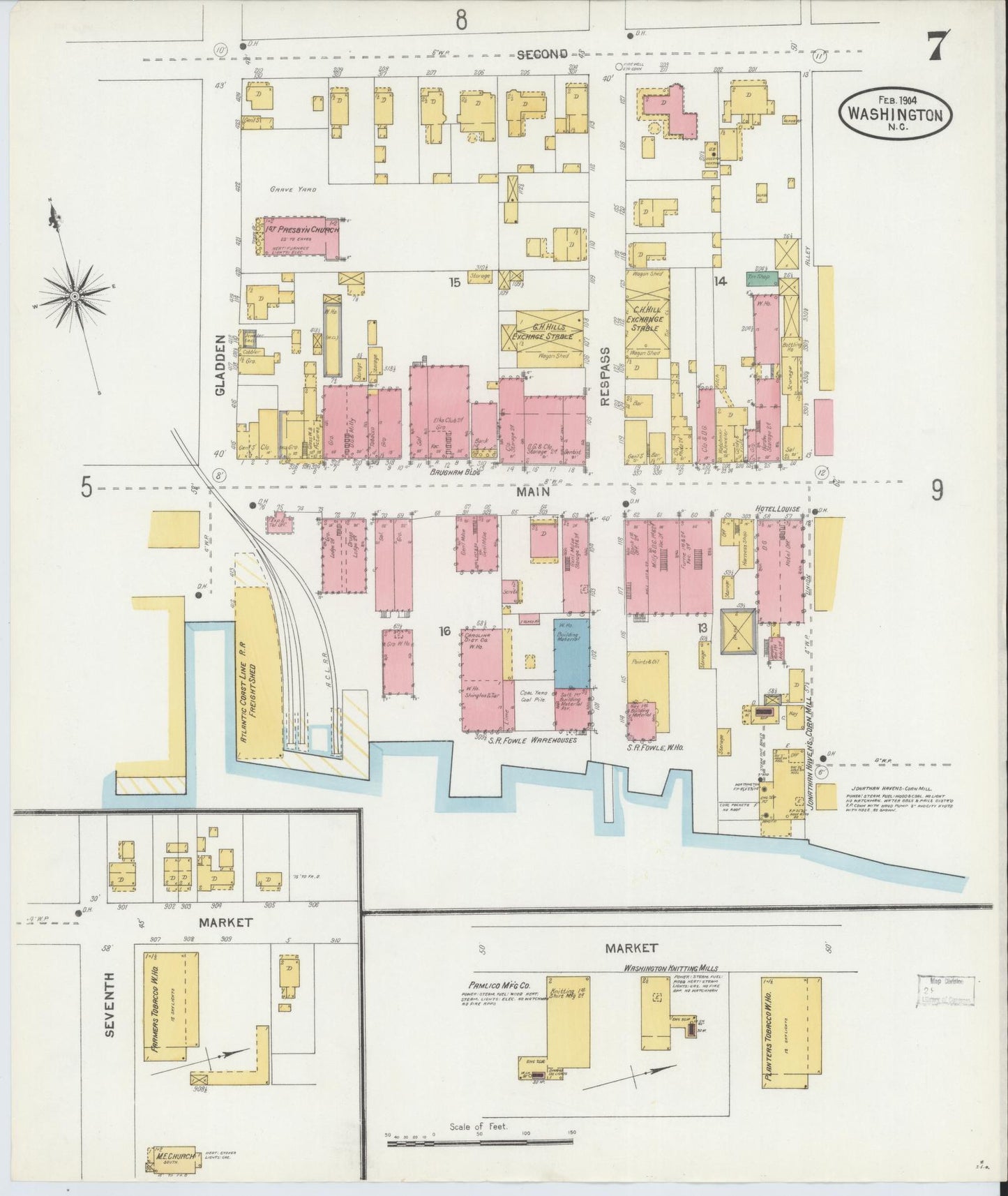Sanborn Fire Insurance Map from Washington, Beaufort County, North Carolina (1904), Sheet #0007 - Historic Sanborn Fire Insurance Map Print, vintage old map wall art, antique decor, genealogy gift, Washington Washington map