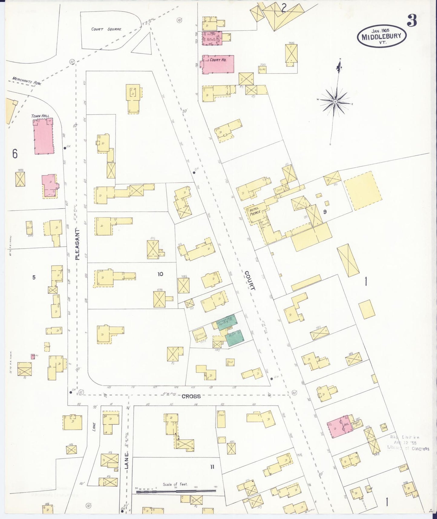 Sanborn Fire Insurance Map from Middlebury, Addison County, Vermont (1905), Sheet #0003 - Historic Sanborn Fire Insurance Map Print, vintage old map wall art, antique decor, genealogy gift, Vermont Vermont map