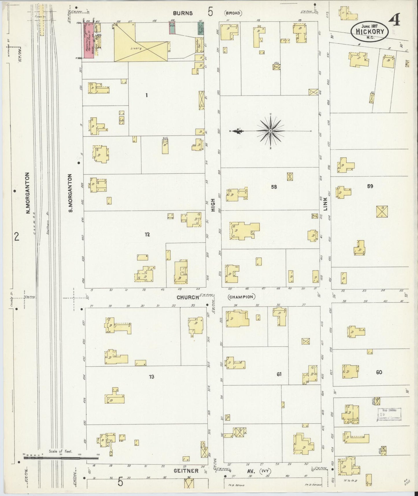 Sanborn Fire Insurance Map from Hickory, Catawba County, North Carolina (1907), Sheet #0004 - Historic Sanborn Fire Insurance Map Print, vintage old map wall art, antique decor, genealogy gift, North Carolina North Carolina map