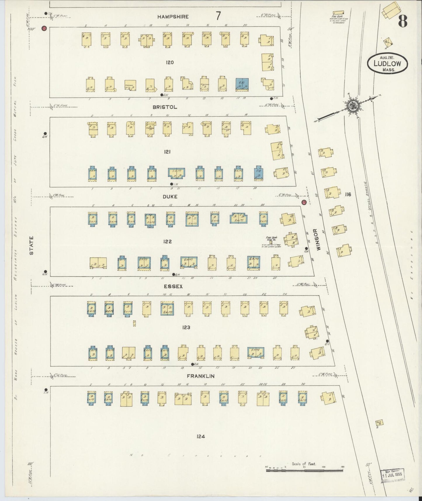 Sanborn Fire Insurance Map from Ludlow, Hampden County, Massachusetts (1911), Sheet #0008 - Historic Sanborn Fire Insurance Map Print, vintage old map wall art, antique decor, genealogy gift, Massachusetts Massachusetts map