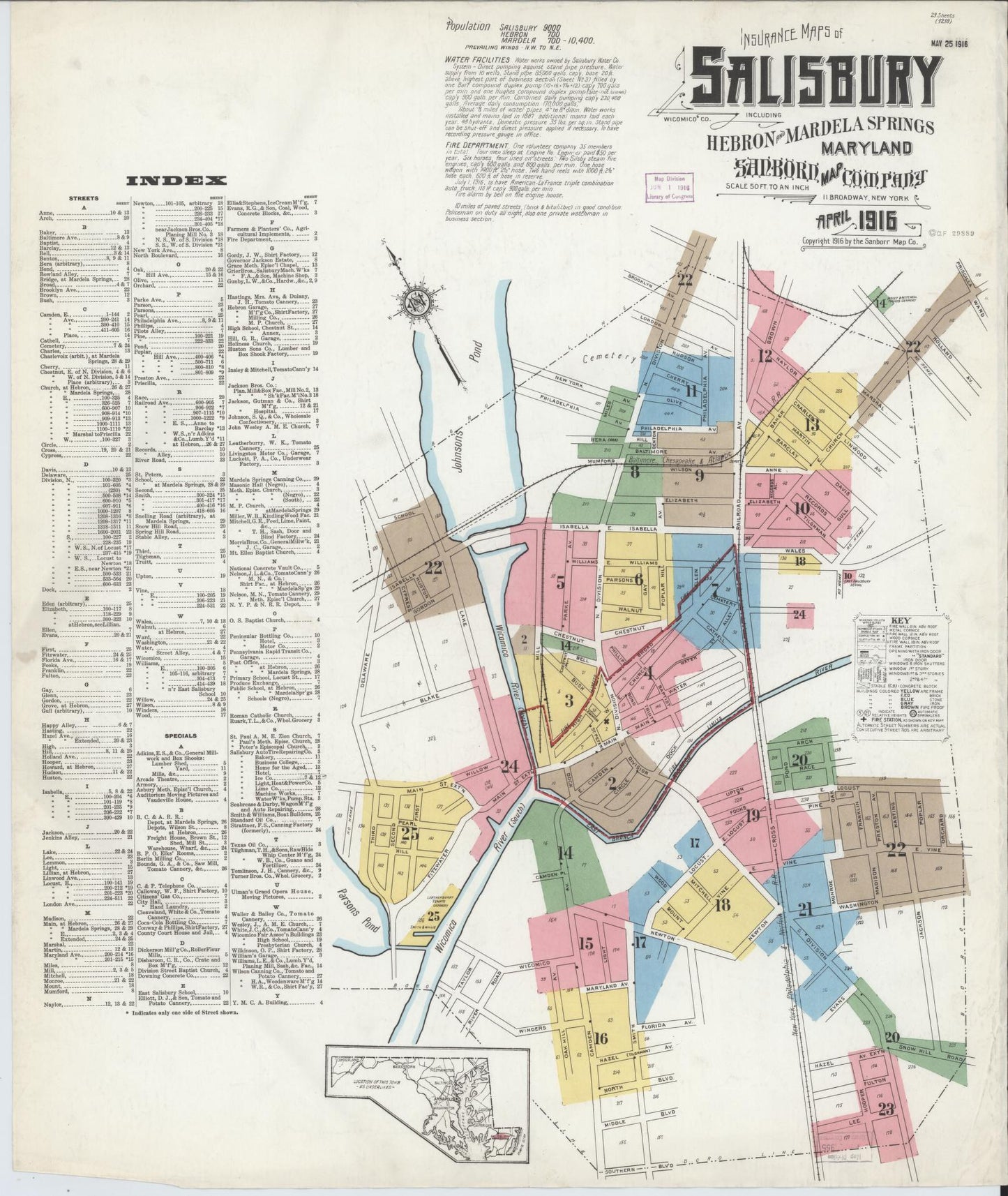 Sanborn Fire Insurance Map from Salisbury, Wicomico County, Maryland (1916), Sheet #0001 - Historic Sanborn Fire Insurance Map Print, vintage old map wall art, antique decor, genealogy gift, Maryland Maryland map