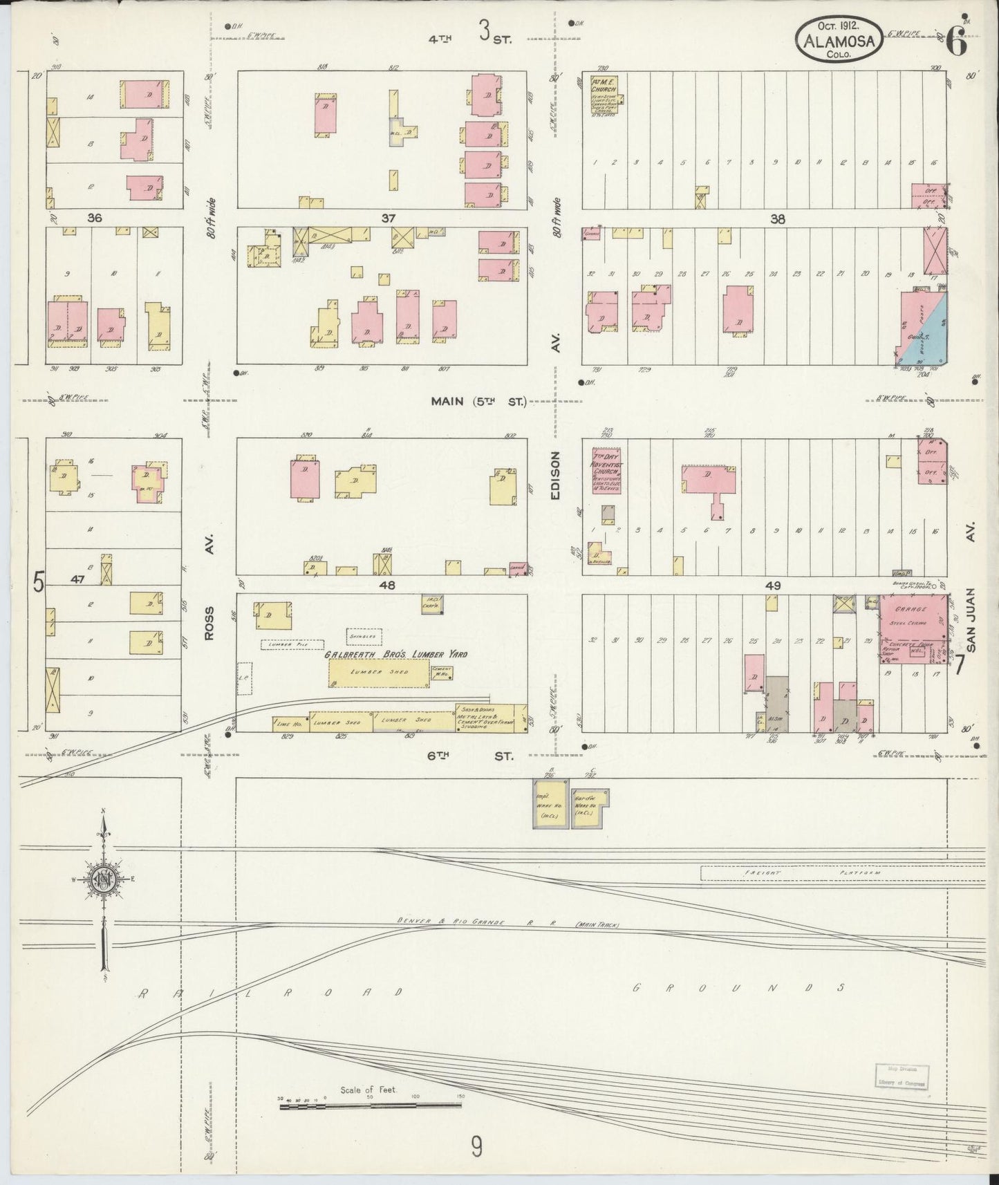 Sanborn Fire Insurance Map from Alamosa, Alamosa County, Colorado (1912), Sheet #0006 - Historic Sanborn Fire Insurance Map Print, vintage old map wall art, antique decor, genealogy gift, Colorado Colorado map