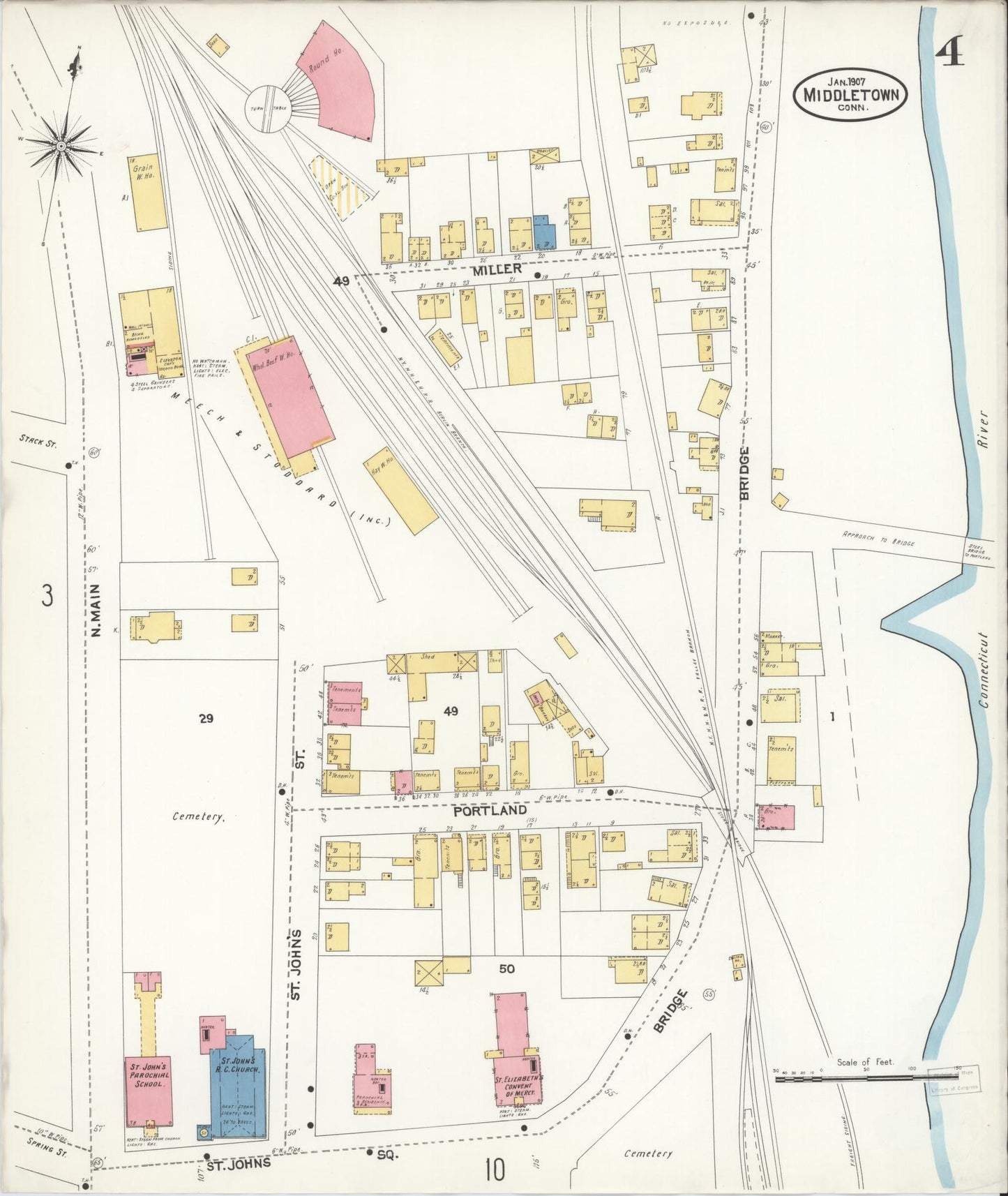 Sanborn Fire Insurance Map from Middletown, Middlesex County, Connecticut (1907), Sheet #0004 - Historic Sanborn Fire Insurance Map Print, vintage old map wall art, antique decor, genealogy gift, Connecticut Connecticut map